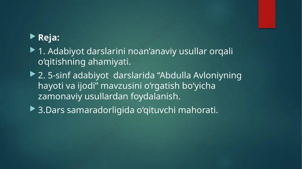 ma’lumotlar birgalikda umumlashtiriladi. o‘qituvchi tomonidan eng yaxshi fikr-mulohazalar e’lon qilinadi va guruhlar faoliyati baholanadi. 1-guruh:milliy uyg‘onish davri o‘zbek adabiyotining taniqli namoyandalaridan biri abdulla avloniy 1878-yil 12-iyulda toshkent shahrining mergancha mahallasida hunarmand-to‘quvchi oilasida tug‘ildi. 2-guruh: u yetti yoshida o‘qchi mahallasidagi boshlang‘ich maktabga o‘qishga bordi, uni 1890-yilda tugatgach, shu mahalladagi madrasada tahsil oldi. keyinroq tahsilni shayxontohurdagi madrasada davom ettirdi. 3-guruh: abdulla avloniyning ilk she’riy mashqlari 1894-yilda bitilgan. u 1905-yildan boshlab o‘z mashqlari bilan matbuot sahifalarida qatnasha boshladi. abdulla avloniy biroz muddat – 1905–1908-yillarda «gazetchilik» bilan shug‘ullandi. 1906-yilda chiqa boshlagan «taraqqiy», «xurshid» gazetalarida ishladi, ular yopilgach, «shuhrat» gazetasini chiqarishda bosh-qosh bo‘ldi. “diqqat: bu muhim” usuli. o‘sha vaqtda gazetalar hozirgidek avtomat dastgohlarda emas, qo‘lda bosilardi, sahifalar kompyuterda terilmas, balki yog‘ochdan ishlangan qo‘lbola harflar yordamida shakllantirilardi. gazetaning har bir soni ana shunday zahmat bilan tayyorlanar edi. abdulla avloniy ma’rifat yo‘lida har qanday mehnat va mashaqqatni yengib o‘tgan bobolarimizdan biri. adabiyot darslarida adabiy o'qish, ifodali o'qish, …