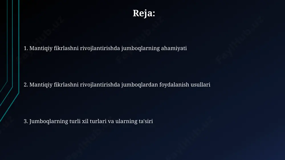 qilib, yangi strategiya ishlab chiqish, bulmacalarni echishda muhim rol o'ynaydi. bulmacalar orqali kreativ fikrlashni rivojlantirish bulmacalar, miyani 3 o'lchovli fazoviy tasavvurini rivojlantirishga yordam beradi, masalan, kubik bulmacalari yoki 3d modellashtirish vazifalarini bajarishda 20% ga samaradorlikni oshiradi. har xil turdagi bulmacalar (matematik, mantiqiy, so'z bulmacalari) kognitiv funksiyalarni, jumladan, xotira va diqqatni 25% gacha yaxshilashga yordam beradi. bulmacalar yordamida o'z-o'zini tarbiyalash bulmacalarni muntazam 15-20 minut echish miya faoliyatini 20% ga oshirib, muammolarni tezroq va samaraliroq hal qilish qobiliyatini rivojlantiradi. sudoku, kenken kabi matematik bulmacalarni muntazam echish matematik qobiliyatlarni va konsentratsiyani sezilarli darajada yaxshilaydi. mantiqiy fikrlash nima? mantiqiy fikrlash, deduktiv, induktiv va abduktiv kabi turli xil mantiqiy usullarni tushunish va qo‘llashni o‘z ichiga oladi; bu jarayonlar murakkab muammolarni 7ta bosqichda hal qilishga imkon beradi. mantiqiy fikrlash – bu muammolarni hal qilishda 3 ta asosiy bosqich: tahlil qilish, xulosa chiqarish va natijani tekshirish jarayonlarini samarali qo‘llash qobiliyatidir, bu esa 5 dan ortiq variantlar orasidan …