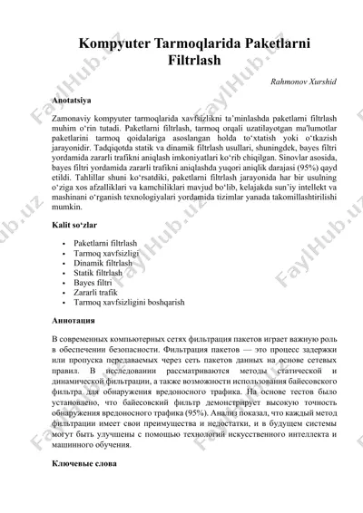 kompyuter tarmoqlarida paketlarni filtrlash — DOCX