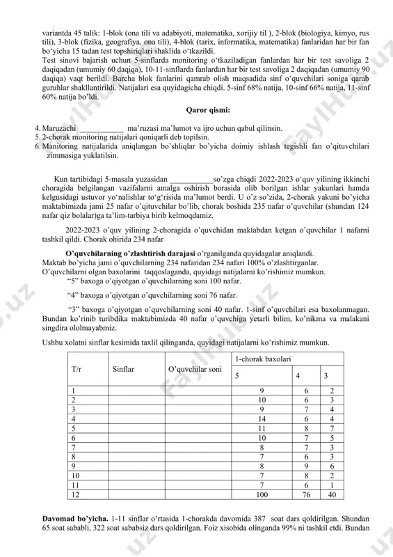 osabati bilan biologiya fan o’qituvchisi 8-sinfda tadbir tashkil etdi. 6-7-8-sinflarda rasmlar tanlovi o’tkazildi. o’zbekiston respublikasi kanstitutsiyasi qabul qilingan kun munosabati bilan 3-4-8-9-sinf o’quvchilar” konstitutsiya baxtimiz qomusimiz”nomli tadbir o’tkazishdi.3-9-10-sinflarda sinf soatlarida ochiq dars o’tildi. o’zbekiston respublikasi davlat madhiyasi qabul qilingan kun munosabati bilan sinf soatlarida madhiya ijro etildi va madhiya haqida ma’lumotlar berildi.yangi yil tadbirini 4-5-sinf o’quvchilari tomonidan yuqori saviyada o’tkazildi.aslida bayram tadbirini 8-9-sinf o’quvchilari o’tkazishi rejaga kiritilgan edi lekin 8-9-sinf rahbarlari va o’quvchilar yoshlarni ma’naviyatini yuksaltirish va ularning bo’sh vaqtini mazmunli tashkil etish maqsadida 5 ta muhim tashabbusning to’rtinchi yo’nalishi doirasida “hafta bir kitob mutoala qilamiz” shiori ostida tashkil etilgan zukko kitobxonlar haftaning har juma kunlari reja asosida zakovat intellektual o’yini o’tkazilib kelinmoqda . maktabimizda odob-axloq qoidalariga zid ravishda kiyinadigan, pedagog etikasi va estetikasiga zid o`qituvchi mavjud emas. yuqori sinf o`quvchilarida jumladan 6-7-11-sinf o`quvchilarida belgilangan maktab formasida kelmaydigan ba’zi o`quvchilarimiz mavjud. ularning ota-onalari bilan joriy yilning noyabr oyida har bir …
