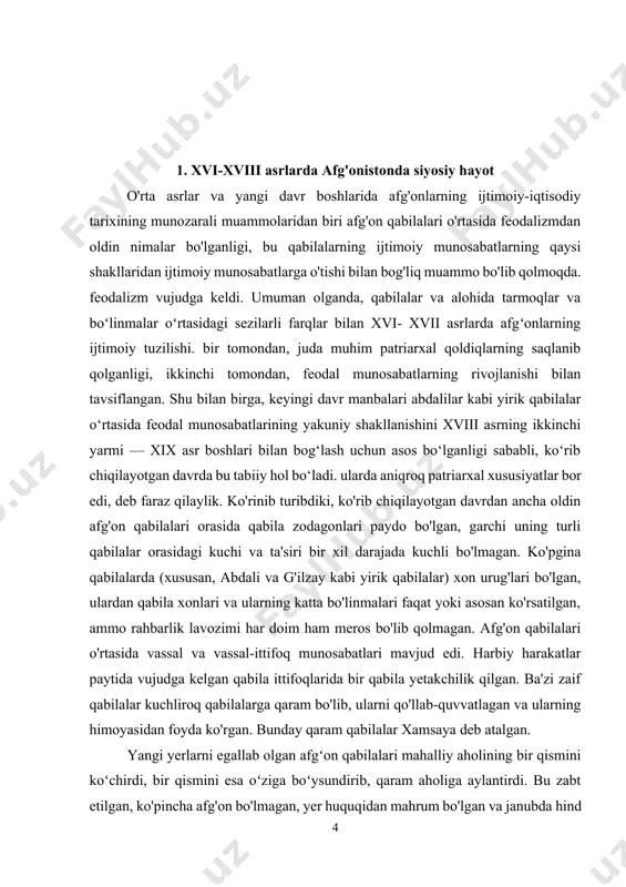 g‘onlar o‘rtasida quldorlikning tarqalishi haqidagi manbalardan olingan ma’lumotlar afg‘on qabilalarining feodallashuvi, hatto hammasi bo‘lmasa ham, avvaldan sodir bo‘lgan bo‘lishi mumkin, degan taxminga kuchli dalil bo‘lib xizmat qiladi. keyin ularning ko'pchiligi, patriarxal-qul munosabatlari. ammo xvi- xvii asrlarda, mavjud manbalardan xulosa qilish mumkinki, quldorlik afgʻonlar hayotida hech qanday hal qiluvchi rol oʻynamagan. qabila tashkiloti, qabilalar oʻrtasidagi vassal-ittifoqchilik munosabatlari mustahkam saqlanib qolgan, oqsoqollar kengashi (jirga), shuningdek, odat (qabila) huquqi, jamoa “mehmondoʻstlik uylari” va boshqalarning roli saqlanib qolgan. shu davriy ravishda qayta taqsimlash odati - vesh - qabila qoldiqlarini saqlab qolishda katta rol o'ynadi. u qabilaning shoxlari va boʻlinmalari, urugʻlari va alohida oilalari oʻrtasida erlarni muntazam ravishda qurʼa boʻyicha qayta taqsimlashdan iborat boʻlib, nafaqat ekin maydonlari, balki mulklar va turar-joylar ham ayirboshlash obyekti boʻlgan. bu shaklda urf-odat, har xil sifatdagi yerlardan foydalanish tartibini ta'minlab, qabila tuzilishi va tashkiliyligini saqlab qolishga yordam berdi, chunki er qabila bo'yicha almashilgan. asil oilalar ham xvi- xvii asrlarda yuzaga …