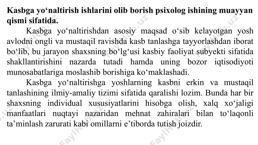belgi va xususiyatlari, kasb klassifikatsiyasi, kasblar professiogrammasi, hududning qaysi kasblarga ehtiyoji borligi to‘g‘risidagi axborotlarni berishdan iborat bo‘lib, ular asosida o‘quvchi o‘zini qiziqtirgan, jamiyat uchun zarur bo‘lgan kasbni tanlaydi. rus psixologi ye.a. klimov o‘z izlanishlarini mehnat va inson o‘rtasidagi o‘zaro munosabatlar mavzusiga bag‘ishlagan. u kasb belgilaridan mehnat xususiyatlari kasblarni klassifikatsiya qilish uchun to‘rtta talabning barchasiga javob bera oladi, deb ko‘rsatgan. ye.a. klimov mehnatning to‘rtta asosiy xususiyatini ajratgan va ular yer yuzidagi har qanday kasbga xos ekanligini ta’kidlagan ye.a. klimov taklif etgan kasb klassifikatsiyasini quyidagicha ta’riflash mumkin: - har bir mehnatni predmeti bor, ya’ni inson mehnat jarayonida diqqat-e’tiborini atrof voqelikning biror bir tomoniga yo‘naltirgan bo‘ladi - bu predmet bo‘lib hisoblanadi. mehnat predmeti besh xildir: texnika, tabiat, inson, belgili sistema, badiiy obraz; - har bir mehnatning maqsadi bor, ya’ni inson predmet bilan biror sa’y va hatti-harakatni ma’lum bir maqsadni amalga oshirish niyatida sodir qiladi. mehnat maqsadi uch xil bo‘ladi: gnostik, o‘zgartiruvchi, kashf qiluvchi; …