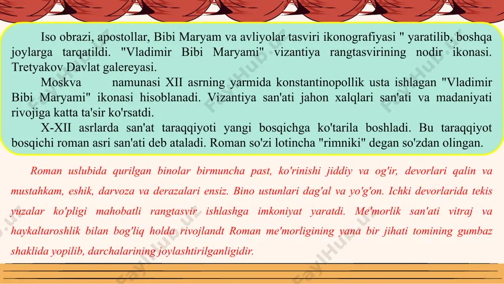 ykal ishlangan edi. reymsdagi sobor qurilishi xiii asrda boshlanib, xiv asrda tugallangan. bino uzunligi 150 metr, minoralarning balandligi 80 metr bo'lib, gotika san'atining eng rivojlangan davrida namoyon bo'ldi. gotika tasviriy san'atida derazalarning kattaligi vitraj san'atini rivojlanishiga olib keldi. rassomchilik esa miniatyura san'ati sifatida xiii asrdan boshlab xv asrgacha davom etdi. gotika miniatyuralarida zodagonlar va dehqonlar hayoti, tabiat manzaralari, yil fasllariga bag'ishlangan asarlar yaratildi. gotika haykaltaroshligi yetakchi san'at bo'lib, me'morlik bilan bog'liq holda, dumaloq haykal sifatida namoyon bo'ldi. vii-viii asrlarda ishlangan o'rta osiyo san'atiga oid samarqand, buxoro, surxondaryodan topilgan devoriy suratlar, ganch o'ymakorligi odam va hayvon bo'rtma tasvirlari o'rta osiyoda yuksak madaniyat mavjud bo'lganligidan so'zlaydi. ix-x asrlarga kelib o'rta osiyo me'morlik san'ati jonlandi, o'ta nodir yodgorliklar vujudga kela boshladi. bino qurish texnikasi mukammallashdi. pishiq g'isht keng qo'llanildi. egri ravoqli tomlar, gumbazli binolar qurilishi yo'lga qo'yildi. ark, yarim arklar, eshik, darcha, tokcha va taxmonlar ishlatila boshlandi. ix asrda qurilgan o'rta osiyo me'morligining …