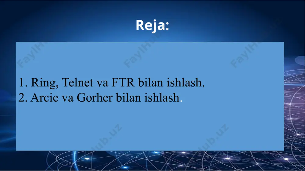 rak. agar siz telnet komanda qatorida turib telnetning barcha komandalari haqida ma’lumot olishni istasangiz klaviaturadan so’rov(?) belgisini kiriting. telnet dasturini kiritgan kompyuter lokal hisoblanadi va o’z o’rnida aloqa o’rnatadigan kompyuter ­ olislashgan kompyuter hisoblanadi. boshqa kompyuterda joylashgan lokal dasturga kirishga ruxsat olishingiz shart; lokal dasturning uchta turi mavjud; ma’lum mavzu bo’yicha faylga kirishni ta’minlovchi e’lonlar taxtasi; ma’lumotlar bazasi; menyu tizimi yordamida fayllarga qulay kirishni ta’minlov­chi dasturlar; ftr (file transfer rrotocol ­ fayllarni uzatish protokoli) – bu bir xost – kompyuteridan boshqasiga nusxa olish imkonini beruvchi ftr protokol va dasturning jamlanmasi bo’lib, internetning ilk xizmat turlaridan biri sanaladi. ftr imkoniyatlari: olisdagi mashinadan fayllarni qidirish; fayllarda ma’lumotlarni jo’natish( ham ikkilik, ham matnli ma’lumotlarni); ftr serverlarda katta hajmdagi fayl arxivlari saqlanadi. hozir internetda ftr – serverning uch xil turi mavjud: internet ­ style (serverning barcha fayllariga kirish); listserver (cheklangan kirish); ftrmail (elektron pochta orqali kirish); ftr yordamida fayllardan nusxa olish quyidagicha amalga oshiriladi: …