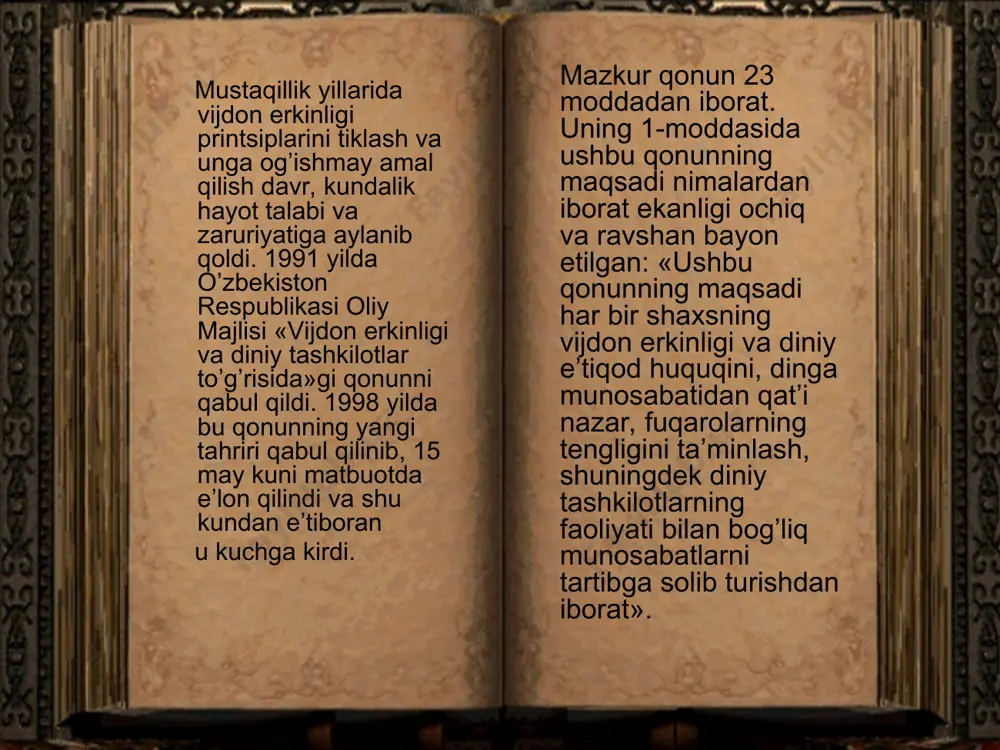 ular konstitutsiya oldida huquq va majburiyat yuzasidan tengdirlar. konstitutsiyaning 12-moddasida ta’kidlanishicha, hech qanday mafkura davlat mafkurasi sifatida o’rnatilishi mumkin emas. shunga ko’ra hech qanday konfessiya boshqalaridan ustun deb qaralishi yoki ularga o’z ta’sirini o’tkazishga intilishi mumkin emas.