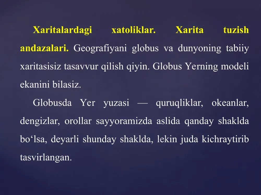 asosida tuzilgan xaritalarda yo‘nalishlarni aniqlash qulay, biroq maydonlar va masofalarni tasvirlashda xatolarga yo‘l qo‘yiladi. 2. teng maydonli yoki teng hajmli andazalardan foydalanilganda materiklar, davlatlar, dengizlar, orollar va boshqalarning maydonlari xatosiz tasvirlanadi. lekin burchaklar, shakllarni tasvirlashda ancha xatoliklarga yo‘l qo‘yiladi. teng maydonli xaritalardan geografik obyektlar maydoni o‘lchanadi. 3. ixtiyoriy andazalar asosida tuzilgan xaritalarda burchaklar ham, maydonlar ham xatoliklar bilan tasvirlanadi, lekin xatolik kamroq bo‘ladi. ixtiyoriy andazalar orasida teng masofali andazalar boshqalaridan ko‘ra ko‘proq ishlatiladi. bunday xaritalarda uzunlik masshtabi bir meridian (odatda, o‘rtadagi) yoki bir paralleldagina saqlanadi. qavariq yer yuzasining meridianlar va parallellar to‘rini tekis yuzaga (qog‘ozga) tushirishda yordamchi geometrik sirtlardan, xususan, silindr, konus, tekislik va boshqalardan foydalaniladi. xarita andazalari foydalanilgan yordamchi geometrik sirtlarning turiga qarab konussimon, silindrsimon, azimutli andazalarga bo‘linadi. silindrsimon andazalarda tuzilgan xaritalarda meridianlar bilan parallellar bir-biri bilan 90° li burchak ostida kesishadigan to‘g‘ri chiziqlardan iborat to‘r hosil qiladi. bunday andazalar yordamida, ko‘pincha, dunyo xaritalari tuziladi. materiklar, ayrim davlatlar, asosan, …