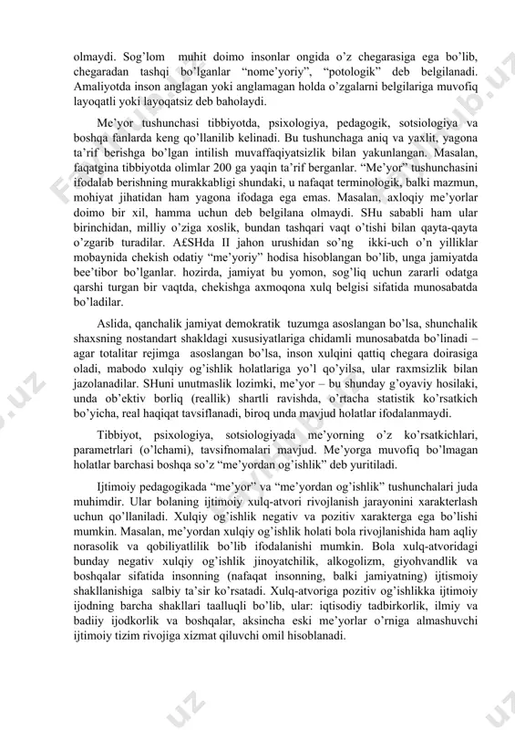 mamlakatlarida “imkoniyati cheklangan insonlar” iborasi ko’p ishlatiladi. bugungi kunda iimkoniyati cheklangan insonlarga munosabatda, eng avvalo sog’liq masalasi eng dolzarb masala hisoblanadi. chunki bunday insonlar soni dunyo miqyosida o’sib bormoqda. yuneskoning istiqbol bo’yicha ma’lumotlarida yaqin vaqtda jahon hamjamiyati bu ko’rsatkichni o’zgartira olmaydi. sog’lom muhit doimo insonlar ongida o’z chegarasiga ega bo’lib, chegaradan tashqi bo’lganlar “nome’yoriy”, “potologik” deb belgilanadi. amaliyotda inson anglagan yoki anglamagan holda o’zgalarni belgilariga muvofiq layoqatli yoki layoqatsiz deb baholaydi. me’yor tushunchasi tibbiyotda, psixologiya, pedagogik, sotsiologiya va boshqa fanlarda keng qo’llanilib kelinadi. bu tushunchaga aniq va yaxlit, yagona ta’rif berishga bo’lgan intilish muvaffaqiyatsizlik bilan yakunlangan. masalan, faqatgina tibbiyotda olimlar 200 ga yaqin ta’rif berganlar. “me’yor” tushunchasini ifodalab berishning murakkabligi shundaki, u nafaqat terminologik, balki mazmun, mohiyat jihatidan ham yagona ifodaga ega emas. masalan, axloqiy me’yorlar doimo bir xil, hamma uchun deb belgilana olmaydi. shu sababli ham ular birinchidan, milliy o’ziga xoslik, bundan tashqari vaqt o’tishi bilan qayta-qayta o’zgarib turadilar. …