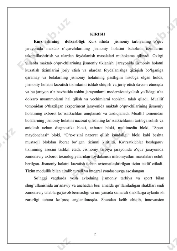tizimni kiritildi. ko‘rsatkichlar boshqaruv tizimining asosini tashkil etadi. jismoniy tarbiya jarayonida o‘quv jarayonida zamonaviy axborot texnologiyalaridan foydalanish imkoniyatlari masalalari ochib berilgan. jismoniy holatni kuzatish uchun avtomatlashtirilgan tizim taklif etiladi. tizim modullik bilan ajralib turadi va integral yondashuvga asoslangan so’nggi vaqtlarda yosh avlodning jismoniy tarbiya va sport bilan shug’ullanishida an’anaviy va anchadan beri amalda qo’llaniladigan shakllari endi zamonaviy talablarga javob bermasligi va uni yanada samarali shakllarga aylantirish zarurligi tobora ko’proq anglanilmoqda. shundan kelib chiqib, innovatsion pedagogik texnologiyalardan foydalangan holda jismoniy tarbiya va sport ishlarini tashkil etishning yangi g’oyalari va yondashuvlarini izlash zarurati tug’iladi. harakat samaradorligini oshirishning eng samarali usuli bu jismoniy faollikdir. jismoniy tarbiyaning mazmuni moddiy, estetik va ma’naviy qadriyatlarning majmuasi bilan ifodalanadi. jismoniy tarbiya mashg’ulotlarining natijasi - bu jismoniy tayyorgarlik va ko’nikmalar, qobiliyatlarining mukammallik darajasi, hayotiy kuchlarning yuqori darajada rivojlanishi, sport yutuqlari, axloqiy, estetik, intellektual rivojlanish, sog’lom turmush tarziga yo’naltirishdir. umumta’lim maktablarida jismoniy tarbiya va sport ishlarining asosiy maqsad va …