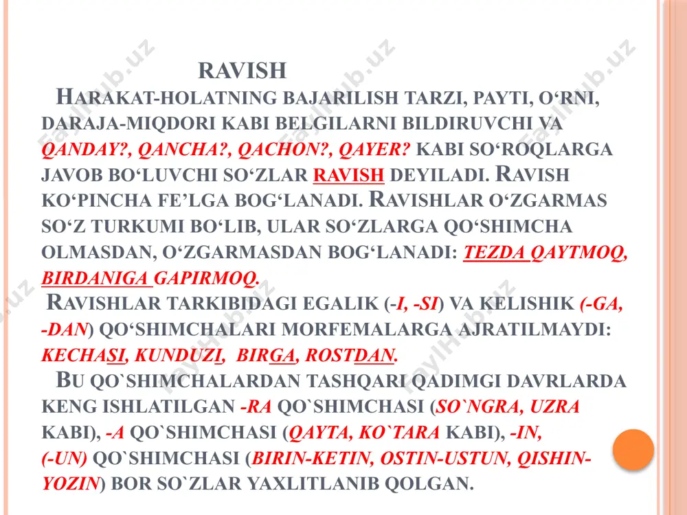 erkalangansimon, uyalgansimon, -namo: uyalgannamo, oliftanamo; - lay(in): butunlayin, tiriklay; -incha, -iqcha: yashiriqcha, aksincha, ko‘pincha, -siz, be-: to‘xtovsiz, beixtiyor; -chang: ko‘ylakchang, kovushchang; -in: oldin, yashirin; -omuz: shikoyatomuz, kinoyaomuz; -aki: yodaki, og‘zaki. eslatma: -cha, -lab, -larcha, -ona, -an, chasiga qo‘shimchalari ot, sifatga qo‘shilib ravish yasaydi. tubdan, to‘satdan, qo‘qqisdan, rostdan, yolg‘ondan, birdan, birga, kechalari, avvallari, so‘ngra bu kabi ravishlarda qo‘shimchalar asos qism bilan mustahkam birikib, hozirgi kunda ajralmas holga kelgan. 2. so‘zlarni qo‘shib ravish yasash. bunda qo‘shma, juft va takroriy ravishlar yasaladi. qo‘shma ravishlar asosan ikki so‘zdan yasaladi va ularning quyidagi turlari ajratib yoziladi: 1) tarkibida u, bu, o‘sha, shu olmoshlari bo‘lgan payt va o‘rin ravishlari: u yoqqa, bu yoqqa, u yerga, shu yerda, o‘sha yerda va b. 2) tarkibida har, hech, hamma, bir, qay so‘zlari bo‘lgan ravishlar: har zamon, har vaqt, hech vaqt, bir zum, bir necha, hech yoqqa, qay payt, qay vaqt. 3) tarkibida alla elementi bor bo‘lgan ravishlar qo‘shilib yoziladi: …