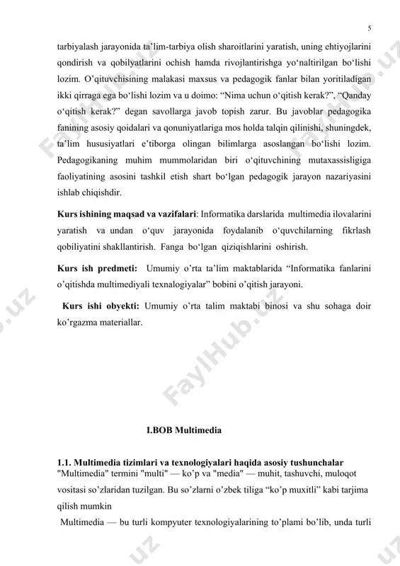 y maqsadi “tasvir, tekst va matn ovoz, video animatsiya va boshqa tasviriy effektlar (simulation) kollektsiyasiga ega bo’lgan, hamda interaktiv va boshqa vizual boshqaruv mexanizmiga ega bo’lgan” mahsulotlarni yaratishdan iborat. bu tushuncha 1988 yil yangi texnologiyalarni tadbiq qilish va foydalanish muammolari bilan shug’ullanuvchi yirik yevropa komissiyasi tomonidan bayon qilingan. 80 – yillar oxirida multimedia – texnologiyalarini gumanitar soxalarda qo’llashga bo’lgan qiziqishlarni oshishi, bevosita atoqli amerikalik kompyuter – biznesmeni bill geyts nomi bilan bog’liq. u turli “muxitli”: tasvir, ovoz, animatsiya va gipermatnli sistema asosidagi multimedia maxsulotlarini yaratish va amaliyotda muvaffaqiyatli qo’llash g’oyasini ilgari surgan ("national art gallery. london"). aynan mana shu maxsulot o’zida multimedianing quyida keltirilgan 3 ta asosiy printsipini mujassamlashtirib olgan edi: 1. ma’lumotlarni inson sezuvchi turli ma’lumot muxitlari kombinatsiyasi yordamida tasvirlash. 2. maxsulotdagi ma’lumotlarni tasvirlashni turli xil liniyalarini mavjudligi (xususan unda ma’lumotni tasvirlash liniyasini maxsulotda mavjud bo’lgan boshqaruv mexanizmi orqali insonni o’zi belgilaydi). 3. interfeysning badiiy dizayni va navigatsiya vositalari. …