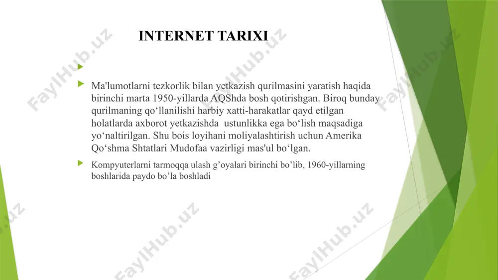 borot maydonida mutlaq hukmronlik qilishayapti. mavzuni mustahkamlash uchun savollar: 1.internetning paydo bo’lishi tarixi haqida nimalarni bilasiz? 2.bugungi kunda internet imkoniyatlari qanday? 3.axborot texnologiyalarining rivojlanish tarixi ? image1.png image2.jpeg image3.jpg /docprops/thumbnail.jpeg