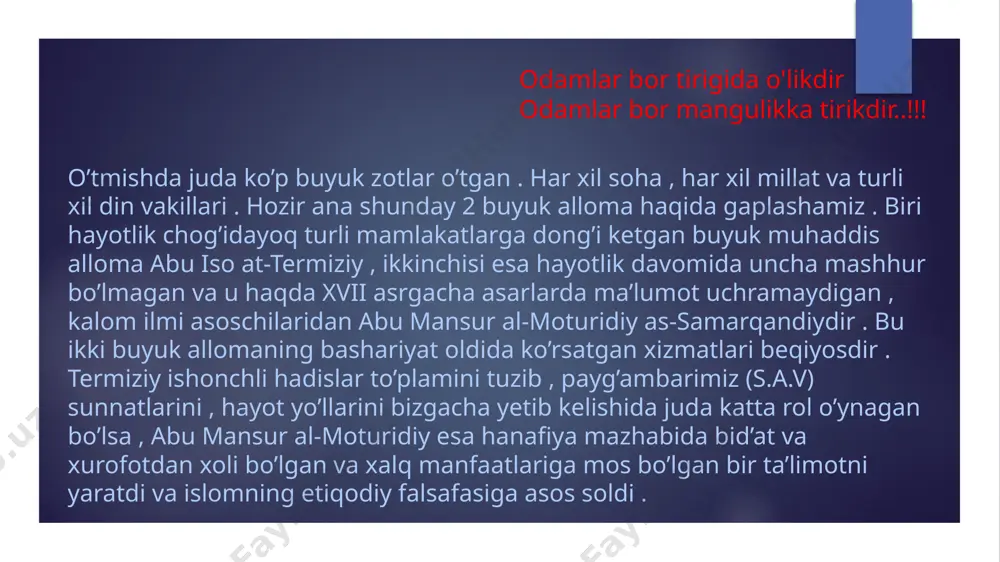 ni ham qayd etadi . termiziy ustozlari va shogirdlari ustozlari imom al-buxoriy imom muslim ibn al-xajjoj abu dovud qutayba ibn sa’id is’hoq ibn muso mahmud ibn g’iylon said ibn abdurrahmon muhammad ibn bashshor ali ibn hajar al-mrvaziy ahmad ibn muniy muhammad ibn al-musanno sufyon ibn vaqiy shogirdlari maqhul ibn al-fazl muhammad ibn mahmud anbar abu ibn muhammad an-nasafiy hammod ibn shokir xaysam ibn kulayb ash-shoshiy ahmad ibn yusuf an-nasafiy abul-abbos muhammad ibn mahbub al-mahbubiy termiziy umri davomida hadis ilmini o’rgandi va o’rgatdi termiziy zehnining oʻtkirligiga bir dalil termiziy zehnining oʻtkirligi, xotirasi hamda quvvai xofizasi kuchliligi xususida tarixiy manbalarda koʻplab misollar, rivoyatlar keltiriladi. jumladan, arab tarixchisi shamsiddin az zahabiyning (1274-1347) “tazkirat ul xuffoz “ ( xofizlar haqida tazkira) nomli asarida quyidagi hikoya bor. termiziy makkaga hajga borayotganida yôlda kôp mashhur muhaddislar bilan uchrashib muloqotda boʻlib olimlarning biridan hadislardan saboq berishni iltimos qilgan.u olim :boʻlmasa qogʻoz qalam ol degan. aksiya olib termiziy …