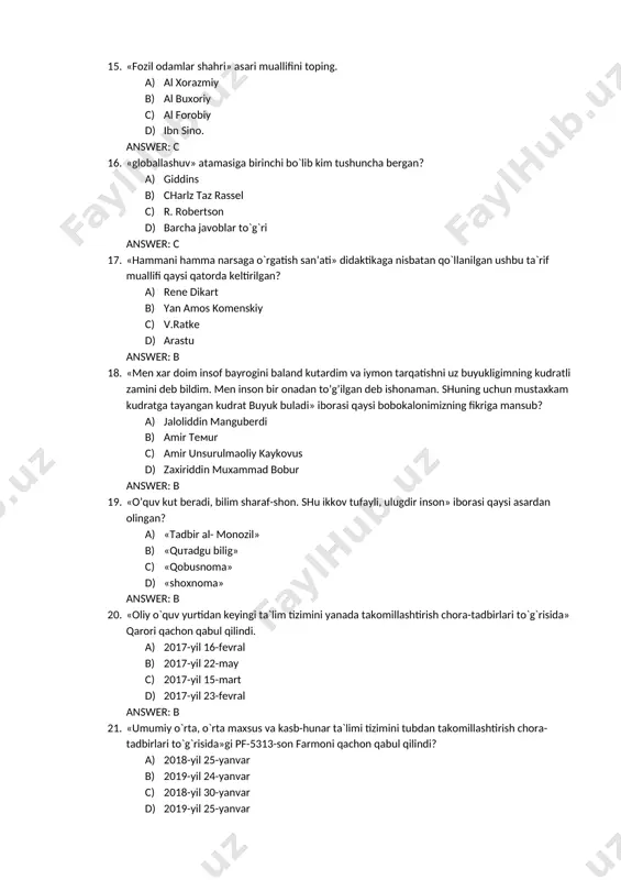 maxsus va kasb-hunar ta`limi tizimini tubdan takomillashtirish chora-tadbirlari to`g`risida»gi pf-5313-son farmoni qachon qabul qilindi? a) 2018-yil 25-yanvar b) 2019-yil 24-yanvar c) 2018-yil 30-yanvar d) 2019-yil 25-yanvar answer: a 22. «yer sur’аti», « аl jаbr vа mo’qоbаlа» аsаrlаrining muаllifi a) bеruniy b) аl-хоrаzмiy c) fоrоbiy d) аl-fаrgоniy answer: b 23. «zumrad va qimmat» qaysi millatning xalq ertagi sanaladi? a) tojik xalq ertagi b) o'zbek xalq erтagi c) eron xalq ertagi d) qozoq xalq ertagi answer: b 24. (yunoncha «metodos» - yo`l) ushbu so`z nomi qaysi qatorda keltirilgan. a) vosita b) tamoyil c) metod d) qonuniyat answer: c 25. ~beredey va uning izdoshlari pedagogika-psixologiya fanlarini o'qitish metodikasining shakllanish va rivojlanish jarayonini qanday davrlarga bo‘ladi? a) o‘zlashtirish davri, bashorat davri b) ilmiy -tadqiqot davri, o‘zlashtirish davri c) bashorat davri, qiyosiy-tadqiqot davri d) o‘zlashtirish davri, bashorat davri, ilmiy-qiyosiy tadqiqot davri answer: d 26. 2001 yil yaponiyada qaysi til boshlang’ich ta’limga majburiy til bo’lib kiritilgan? …