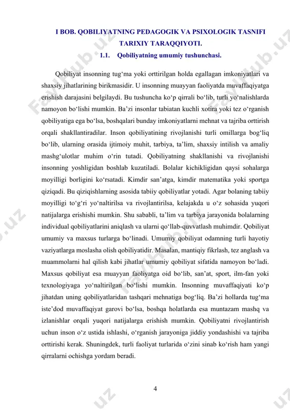 iy ravishda paydo bo‘lsa, ba’zan uni maxsus usullar bilan rivojlantirish talab etiladi. masalan, san’at sohasida faoliyat yuritish uchun inson tasavvur va estetik didga ega bo‘lishi kerak, lekin texnik mahoratni oshirish uchun doimiy mashg‘ulotlar talab etiladi. xuddi shunday, sportda ham tug‘ma qobiliyat muhim o‘rin tutadi, lekin jismoniy mashqlar va murabbiylarning yo‘nalishi orqali natijalar yaxshilanadi. qobiliyat insonning shaxsiy qiziqishlari va hayotiy maqsadlari bilan uyg‘un bo‘lsa, u o‘z sohasida katta yutuqlarga erishishi mumkin. shuning uchun har bir inson o‘z kuchli tomonlarini aniqlab, ulardan samarali foydalanishga harakat qilishi lozim. inson o‘z qobiliyatlarini doimiy ravishda rivojlantirib borsa, u nafaqat o‘z hayotini yaxshilaydi, balki jamiyatga ham foydali bo‘ladi. qobiliyat insonning ma’lum bir faoliyat turida muvaffaqiyatga erishish imkoniyatini belgilovchi ichki xususiyatlar to‘plamidir. bu tushuncha juda keng qamrovli bo‘lib, tabiiy moyilliklar, tajriba, bilim va shaxsiy intilish kabi omillar bilan bog‘liq. qobiliyat tug‘ma bo‘lishi yoki hayot davomida rivojlanishi mumkin. inson ma’lum bir sohada yuqori natijalarga erishish uchun o‘z qobiliyatlarini …