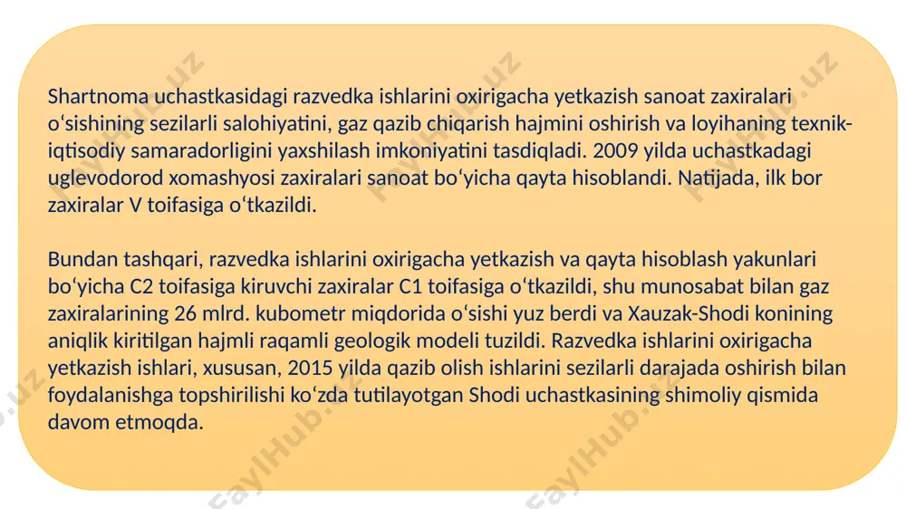 lometrdan ortiq gaz quvuri yotqiziladi. shuningdek, 1200 kishiga mo`ljallangan zamonaviy ishchilar qo`rg`oni barpo etiladi. foydalanilgan adabiyotlar lukoil-international.uz uz.infocom.uz 3. ru.wikipedia.org e’tiboringiz uchun rahmat!!! image1.tmp image2.tmp /docprops/thumbnail.jpeg