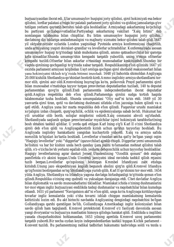 iyalar boshqa savdogarlarni raqobatda siqib qo'ygan edi.parlamentning noroziligi dastlab qirolicha elizaveta davrida boshlangan edi.ammo dono qirolicha parlament bilan kurashdan cheklandi. toj va parlament o'rtasidagi ziddiyat yakov i styuart hukmronligi davrida yangidan boshlandi. u angliyada absolyulizm boshqaruvini o'rnatilishiga harakat qilgan edi. biroq angliyaning xo'jalik va ijtimoiy taraqqiyoti bunga yo'l qo'ymasligini u tushunmadi. absolyutizm uchun kurashni ingliz ruhoniylarining bir qismigina qo'llab-quvvatladi.yakov i o'zining absolyutistik orzularini amalga oshirish uchun parlament bilan nizo chiqarib, uni siyosiy sahnadan tushirishga urindi. parlamentning noroziligini ayniqsa qirolning moliyaviy tadbirlari va tashqi siyosati kuchaytirdi. inglz xalqi va parlament ispaniyani angliyaning dengiz va mustamlakalardagi asosiy raqibi deb bilgan bo'lsalar, qirol hukumati muxolifatga qarshi kurash uchun ispaniya bilan yaxshi munosabatda bo'ldi.shunday qilib, qirol va partament o'rtasidagi kurash angliyani inqilobga olib keldi. qirol karl 1 (1625-1649) davrida bu kurash nihoyatda jiddiy tus oldi. angliyaning ispaniya va fransiya bilan olib borgan urushlari uchun ingliz hukumatiga ko'p miqdorda pul kerak edi. qirolning tashqi siyosatdagi …