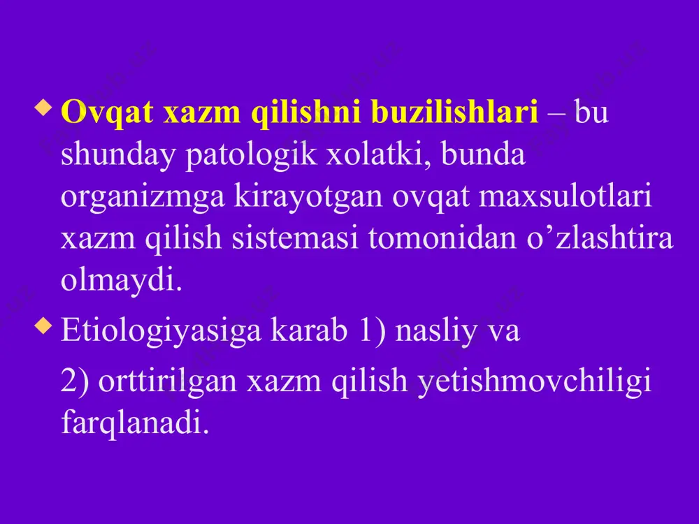 yetishmovchiligi kuyidagi sindromlar bilan namoyon bo’lishi mumkin: 1.ochlik 2.dispeptik sindrom 3.suvsizlanish 4.kislota-asos muvozanatining buzilishlari 5. ichak autointoksikatsiyasi 6. og’rik sindromi. диспептический синдром dispeptik sindrom o’z ichiga kuyidagi simptomlarni oladi: a) anoreksiya, b) zarda qaynashi, v) kekirish, g) kungil aynish, d) qayt qilish, e) meteorizm, j) qabziyat, z) ich ketishlar. ishtaxa buzilishlari anoreksiya giporeksiya giperreksiya parareksiya anoreksiya – ovqatga ob’ektiv extiyoj paytida ishtaxani to’lik yuqolishi. anoreksiyani quyidagi turlari farqlanadi: a) intoksikatsion b) dispeptik v)neyrodinamik g) nevrotik d) psixogen e) neyroendokrinopatik anoreksiya mexanizmlari anoreksiya rivojlanish asosida ikkita mexanizm yotadi: 1) ovqat xazm qilish markazini ko’zgaluvchanligini pasayishi (intoksikatsion, dispeptik anoreksiya); 2) ovqat xazm qilish markazini neyronlarini tormozlanishi (neyrodinamik, nevrotik, psixogen anoreksiya). механизмы развития боли ovqat xazm kilish kanali kasalliklari rivojlanishi og’riq bilan birga kechadi. xazm qilish a’zolari shikastlanishida ogriqni kelib chikish mexanizmlari kuyidagicha farklanadi: a) spastik mexanizm. xazm qilish kanalini turli kismlarini sillik muskulaturasini spazmi bilan boglik ogriqlar. kavak a’zolarning devoridan o’tayotgan tomirlarni …