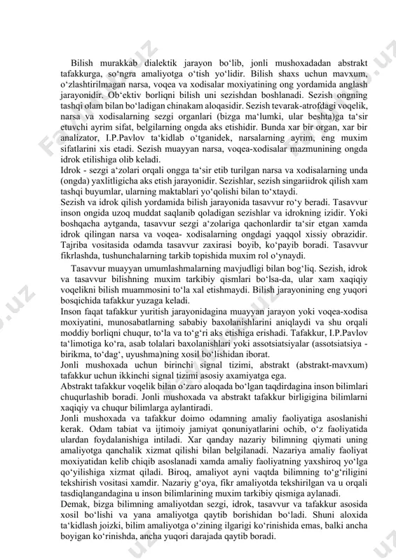 i jarayonida tashkil etuvchi munosabatlar, shuningdek, tabiat xodisalari sirini bilib oladi. дидактика грекча сўз бўлиб, «дидако» - ўрганувчи, «дидактикос» - ўргатувчи, ўқитувчи деган сўзлардан келиб чиққан дидактика дидактика «нимага ўқитиш?», «нимани ўқитиш?» ва «қандай ўқитиш?» деган саволларга жавоб беради. bilish murakkab dialektik jarayon bo‘lib, jonli mushoxadadan abstrakt tafakkurga, so‘ngra amaliyotga o‘tish yo‘lidir. bilish shaxs uchun mavxum, o‘zlashtirilmagan narsa, voqea va xodisalar moxiyatining ong yordamida anglash jarayonidir. ob‘ektiv borliqni bilish uni sezishdan boshlanadi. sezish ongning tashqi olam bilan bo‘ladigan chinakam aloqasidir. sezish tevarak-atrofdagi voqelik, narsa va xodisalarning sezgi organlari (bizga ma‘lumki, ular beshta)ga ta‘sir etuvchi ayrim sifat, belgilarning ongda aks etishidir. bunda xar bir organ, xar bir analizator, i.p.pavlov ta‘kidlab o‘tganidek, narsalarning ayrim, eng muxim sifatlarini xis etadi. sezish muayyan narsa, voqea-xodisalar mazmunining ongda idrok etilishiga olib keladi. idrok - sezgi a‘zolari orqali ongga ta‘sir etib turilgan narsa va xodisalarning unda (ongda) yaxlitligicha aks etish jarayonidir. sezishlar, sezish singariidrok qilish xam …