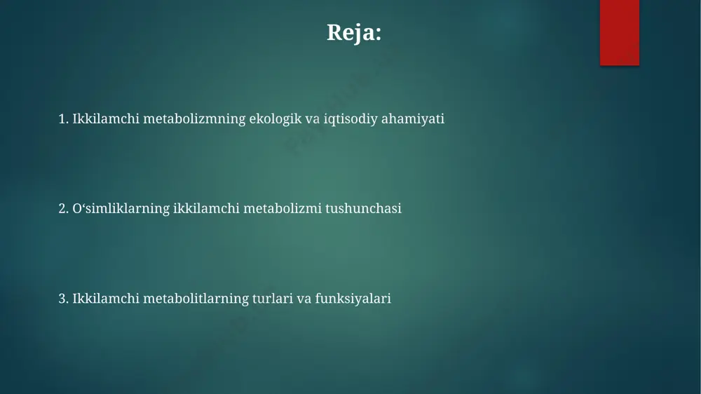 bo'lib, ularning 15% dan ortig'i o'rta osiyo o'simliklarida uchraydi. ikkilamchi metabolitlarning insoniyat uchun ahamiyati shimoliy amerikada o'sadigan ba'zi o'simliklarning flavonoidlari kabi ikkilamchi metabolitlari 100 dan ortiq turli xil kasalliklarga qarshi, jumladan, saraton va yurak-qon tomir kasalliklariga qarshi potentsial terapevtik xususiyatlarga ega ekanligi aniqlangan. ikkilamchi metabolitlar, masalan, taxminan 25 000 turdagi o'simliklardan ajratib olingan alkaloidlar, hindiston va janubiy amerikada an'anaviy tibbiyotda asrlar davomida og'riq qoldiruvchi va yallig'lanishga qarshi vositalar sifatida qo'llanib kelinmoqda. taxminan 5000 dan ortiq o'simlik turi osiyo mamlakatlarida an'anaviy tibbiyotda qo'llaniladi va ularning terapevtik ta'siri, ko'pincha, terpenoidlar va fenol birikmalari kabi ikkilamchi metabolitlar bilan bog'liq. o'simliklarning ikkilamchi metabolizmining kelajagi hindiston va xitoy kabi rivojlanayotgan mamlakatlarda oʻsimliklarning ikkilamchi metabolitlarini tadqiq qilish va ulardan foydalanish boʻyicha 100 dan ortiq ilmiy loyiha amalga oshirilmoqda. biotexnologiya vositalaridan foydalanib, oʻsimliklarning ikkilamchi metabolizmini oʻzgartirish orqali braziliyada 30% ga koʻproq hosil olish mumkin boʻladi degan taxminlar mavjud. oʻsimliklarning ikkilamchi metabolitlaridan 2025-yilga kelib 50 milliard dollarlik global …
