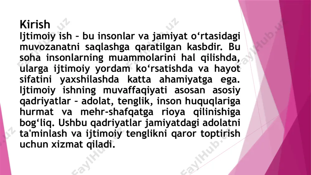 lishadi. shuning uchun ijtimoiy ish mutaxassisi sabrli bo‘lishi va ularning his-tuyg‘ularini tushuna olishi kerak. shaxsiy sifatlarning ahamiyati ijtimoiy ishda zarur bo‘lgan shaxsiy sifatlar yordamga muhtoj insonlar bilan samarali ishlashni ta’minlaydi. bu sifatlar nafaqat insonlarga yordam ko‘rsatish, balki ularning jamiyatda o‘z o‘rnini topishiga ko‘maklashish uchun ham muhimdir. shaxsiy sifatlarni rivojlantirish ijtimoiy ish mutaxassislarining kasbiy o‘sishi va jamiyat rivojiga qo‘shgan hissasini oshiradi. shu sababli, har bir ijtimoiy ishchi o‘zida zarur fazilatlarni shakllantirishi va ularni muntazam rivojlantirib borishi lozim. xulosa ijtimoiy ish inson huquqlari va ijtimoiy adolatni taʼminlashga qaratilgan kasbdir. bu sohaning asosiy qadriyatlari inson qadr-qimmati, shaxsiy hayot daxlsizligi, tenglik, adolat va yordamga ehtiyojmand guruhlarni qoʻllab-quvvatlash bilan bogʻliq. ushbu qadriyatlar ijtimoiy ishning asosiy tamoyillari boʻlib, jamiyatdagi ijtimoiy muammolarni hal qilishda mutaxassislarning maqsadli faoliyatini belgilaydi. foydalanilgan adabiyotlar: a.a.sirojiddinov “ ijtimoiy ish asoslari” o’zbekiston nashriyoti-2019. sh.m.tursunov “ijtimoiy xizmat ko’rsatish tamoyillari” o’zbekiston nashriyoti-2020. frederic g. reamer “professional social work values and ethics” columbia university press. n.a.hamidov …