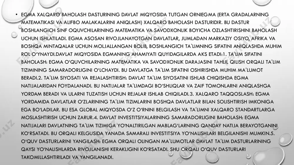 i mumkin.talim siyosatiga tasir: dastur natijalari asosida mamlakatlarning talim siyosatini qayta korib chiqish va rivojlantirish imkonini beradi.agar sizni ushbu dastur boyicha qoshimcha malumot yoki misollar qiziqtirsa, aniqlashim mumkin.egra xalqaro baholash dasturining mazmun mohiyatiegra (early grade reading assessment) boshlangich sinflarda oqish konikmalarini baholashga moljallangan xalqaro dasturdir. uning mazmuni va mohiyati quyidagicha izohlanadi:egra xalqaro baholash dasturining mazmun: egra dasturi erta yoshdagi oquvchilarning oqish va tushunish konikmalarini sinovdan otkazadi. testlar odatda bir necha asosiy korsatkichlar boyicha amalga oshiriladi:1. harf tanish: oquvchilar alifbo harflarini qay darajada tanishi va togri talaffuz qilishi baholanadi.2. soz oqish: oddiy sozlarni oqish tezligi va togriligi olchanadi.3. matn oqish: matnni toliq oqish qobiliyati, oqish tezligi va xatolar miqdori aniqlanadi.4. oqilgan matnni tushunish: oquvchilar oqigan matnni qay darajada tushunishi, savollarga togri javob berishi tekshiriladi. • egra (early grade reading assessment) bu dastur boshlang'ich sinflarda o'qish va yozishni baholash uchun mo'ljallangan vositadir. taʼlim jarayonlariga egra-ni tadbiq etish uchun quyidagi chora- tadbirlar amalga …