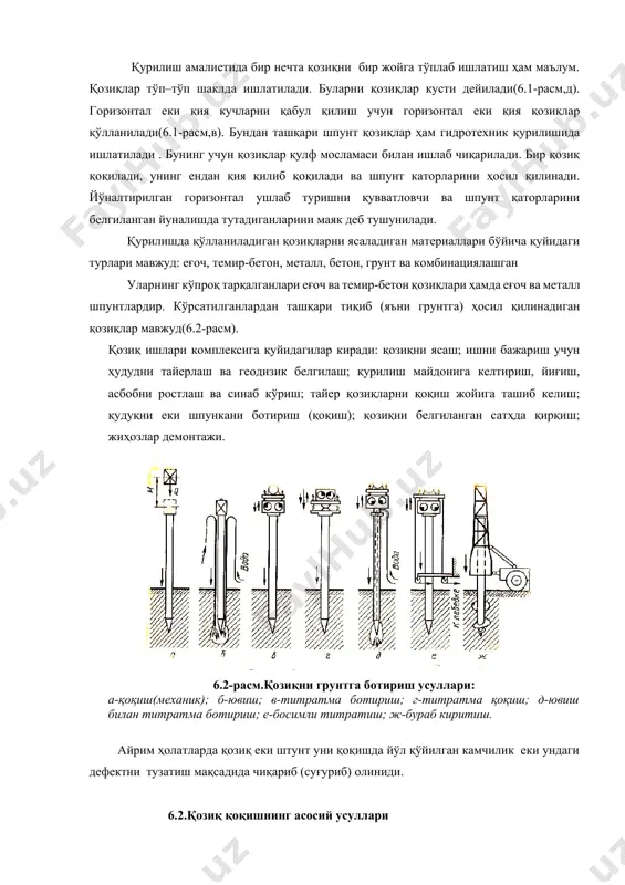 дан ташқари шпунт қозиқлар ҳам гидротехник қурилишида ишлатилади . бунинг учун қозиқлар қулф мосламаси билан ишлаб чиқарилади. бир қозиқ қоқилади, унинг ендан қия қилиб қоқилади ва шпунт каторларини ҳосил қилинади. йўналтирилган горизонтал ушлаб туришни қувватловчи ва шпунт қаторларини белгиланган йуналишда тутадиганларини маяк деб тушунилади. қурилишда қўлланиладиган қозиқларни ясаладиган материаллари бўйича қуйидаги турлари мавжуд: еғоч, темир-бетон, металл, бетон, грунт ва комбинациялашган уларнинг кўпроқ тарқалганлари еғоч ва темир-бетон қозиқлари ҳамда еғоч ва металл шпунтлардир. кўрсатилганлардан ташқари тиқиб (яъни грунтга) ҳосил қилинадиган қозиқлар мавжуд(6.2-расм). қозиқ ишлари комплексига қуйидагилар киради: қозиқни ясаш; ишни бажариш учун ҳудудни тайерлаш ва геодизик белгилаш; қурилиш майдонига келтириш, йиғиш, асбобни ростлаш ва синаб кўриш; тайер қозиқларни қоқиш жойига ташиб келиш; қудуқни еки шпункани ботириш (қоқиш); қозиқни белгиланган сатҳда қирқиш; жиҳозлар демонтажи. 6.2-расм.қозиқни грунтга ботириш усуллари: а-қоқиш(механик); б-ювиш; в-титратма ботириш; г-титратма қоқиш; д-ювиш билан титратма ботириш; е-босимли титратиш; ж-бураб киритиш. айрим ҳолатларда қозиқ еки штунт уни қоқишда йўл қўйилган камчилик …