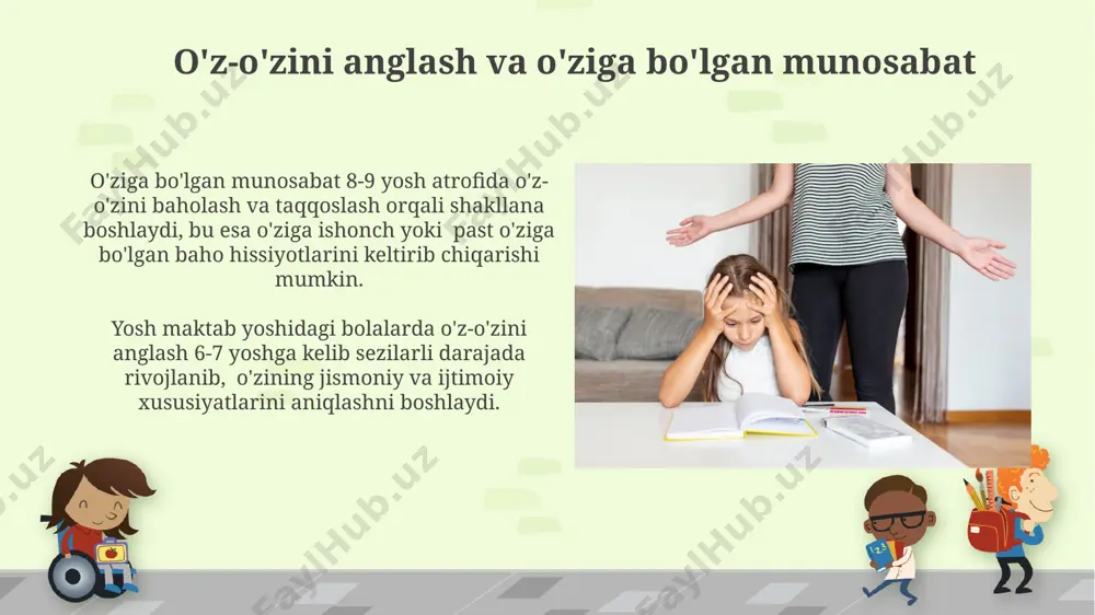 otsional rivojlanishni qo‘llab-quvvatlash uchun bolalar bilan kamida 30 daqiqa o‘yinlar o‘ynash, ularning his-tuyg‘ularini tushunish va muloqot qilish ko‘nikmalarini rivojlantirish kerak. bolalarda 6-7 yoshga kelib o‘z-o‘zini anglash hissi kuchayadi, mustaqillikka intilish ortadi, shuning uchun ularga mustaqil qarorlar qabul qilish imkoniyatini berish muhim. kognitiv rivojlanishning o'ziga xos xususiyatlari maktab yoshidagi bolalarda konkret operatsiyalar davri boshlanib, ular 7-11 yosh oralig'ida mantiqiy fikrlash, tasavvur va muammo yechish qobiliyatlarini rivojlantiradilar. bolalar bu yoshda miya sohalarining o'zaro bog'lanishi kuchayib, diqqatni jamlash va xotirani saqlash muddati 7-10 daqiqaga cho'zilishi mumkin. stress va uning bolalarga ta'siri stress maktab yoshidagi bolalarda 20% gacha o'quv qobiliyatining pasayishiga, konsentratsiya qilish qiyinchiliklariga va xotira muammolariga olib kelishi mumkin. surunkali stress bolalarda immunitet tizimining zaiflashishiga, tez-tez kasallanishga va 30% gacha yuqori qon bosimining rivojlanishiga olib kelishi mumkin. ijodiy qobiliyatlarning namoyon bo'lishi yosh maktab yoshidagi bolalarda ijodkorlik 5-7 yosh oraligʻida oʻzining eng yuqori choʻqqisiga chiqadi, bu davrda ramziy fikrlash va tasavvur rivojlanadi. bolalarning ijodkorlik …
