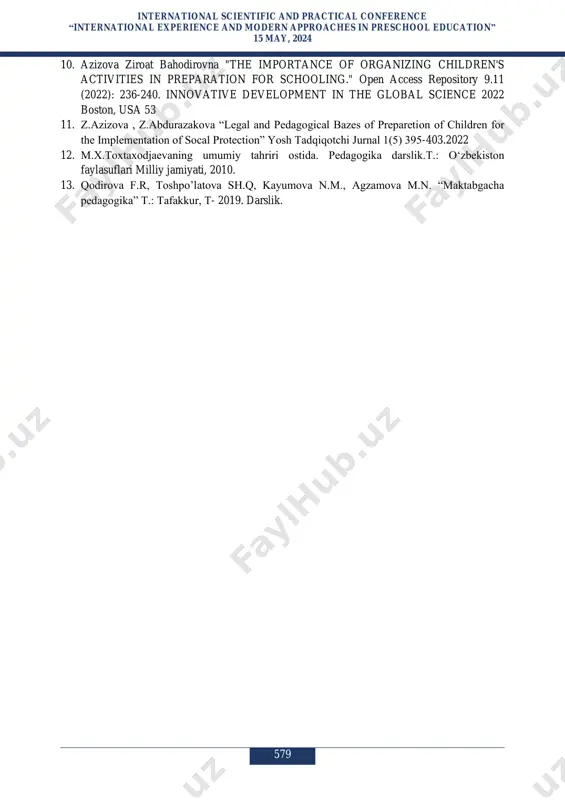 oq, og'ir, yengil, sovuq, issiq va boshqalar) ko'nikmalarni rivojlantirish ham sensor tarbiya vazifalaridn biridir. bolalar sekin-asta vaqtni tushuna boshlaydilar hamda vaqt tushunchasini o'zlashtiradilar, vaqtning ketma-ketligi va davomliligini anglaydilar. dastlab bolaning "kecha", "bugun”, "ertaga” tushunchalarini nisbiyligini, vaqtning davomliligini (bir daqiqa, besh daqiqa, bir soat) tushunib olishi qiyin bo'ladi. bunga tajribaning to'planib borishi va biror maqsadga qaratilgan ta’lim natijasida erishiladi. yuqorida aytilganlarga xulosa qilib, sensor tarbiya bolalarning hamma faoliyatlarida amalga oshiriladi deb aytish mumkin. sezgi va idrok biror maqsadga qaratilgan mazmunli faoliyat jarayonida muvaffaqiyatli rivojlanadi. samarali faoliyat (rasm chizish, loy va plastilindan buyumlar, applikatsiyalar yasash) sezgi va idrokning rivojlanishi uchun qulay sharoit yaratibgina qolmay, balki buyumning shaklini, rangini, joyini bilib olishga ham ehtiyoj paydo qiladi. biror narsaning rasmini chizishdan oldin bolani buyumlarning rangiga qarab taqqoslashga o'rgatiladi, suratlarni ko'zdan kechirishda esa qanday qilib rang yordamida tasvirning badiiy ifodaliligiga erishilishini ko'rish qobiliyati rivojlanadi. mttda bolalar butun yil davomida tabiat bilan tanishtirib boriladi, ularga o'simliklarni, …