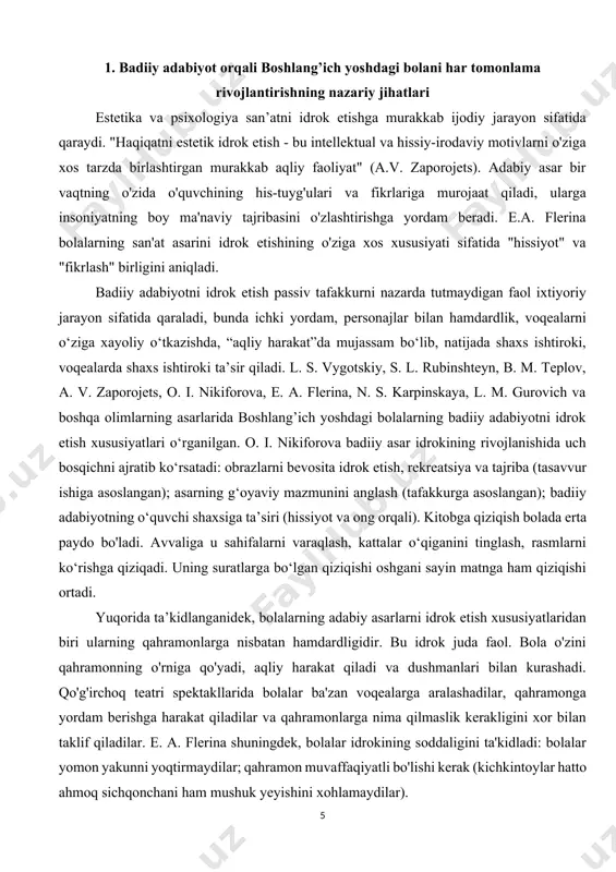 flanadi: matnni tushunishning bolaning shaxsiy tajribasiga bog'liqligi; hodisalar bir-biridan keyin sodir bo'lganda, osongina aniqlanadigan aloqalarni o'rnatish; bosh qahramon diqqat markazida bo'lib, bolalar ko'pincha ularning tajribalari va motivlarini tushunmaydilar; belgilarga nisbatan hissiy munosabat jonli bo'yalgan; va ritmik tarzda tashkil etilgan nutq namunasiga moyillik kuzatiladi. o'rta boshlang’ich yoshda bolaning hayoti va adabiy tajribasining kengayishi bilan bog'liq bo'lgan matnni tushunish va tushunishda ma'lum o'zgarishlar ro'y beradi. bolalar syujetda oddiy sabab-oqibat munosabatlarini o'rnatadilar va odatda qahramonlarning harakatlarini to'g'ri baholaydilar. beshinchi yilga kelib, ularni qayta-qayta takrorlash, ular bilan o'ynash va tushunish istagi bilan birga so'zlarga javob va ularga qiziqish paydo bo'ladi. k. i. chukovskiyning fikricha, bolaning adabiy rivojlanishida asar mazmuniga katta qiziqish, uning ichki ma’nosini anglashning yangi bosqichi boshlanadi. 2. badiiy adabiyot boshlang’ich yoshdagi bolalarni har tomonlama rivojlantirish vositasi sifatida. yuqorida aytib o'tilganidek, badiiy adabiyot universal rivojlanish va tarbiya vositasidir. keling, badiiy adabiyotning turli xil rivojlanish turlariga ta'sirini ko'rib chiqaylik. axborot texnologiyalari jadal rivojlanmoqda. bolalar …
