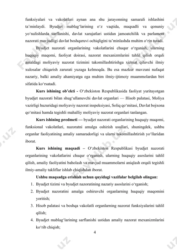 faoliyatidir. u davlat moliyasining asosiy vositalaridan biri bo‘lib, budjet jarayonining har bir bosqichida — rejalashtirish, ijro, hisobot va tahlil bosqichlarida muhim rol o‘ynaydi. byudjet nazorati orqali byudjet intizomi mustahkamlanadi, mablag‘larning isrofgarchiliksiz, belgilangan maqsadga muvofiq ishlatilishi ta’minlanadi va shu orqali umumiy iqtisodiy barqarorlik va davlatga bo‘lgan ishonch oshadi. byudjet nazoratining mohiyati shundan iboratki, bu nazorat davlat, hududiy yoki tarmoq darajasida byudjet ijrosining qonuniyligi, samaradorligi va shaffofligini baholash imkonini beradi. nazorat natijasida aniqlangan kamchiliklar asosida tegishli chora-tadbirlar belgilanadi, javobgarlik chorasi qo‘llaniladi yoki moliyaviy intizomni buzgan shaxslarga nisbatan ma’muriy yoki jinoiy javobgarlik chorasi qo‘llanilishi mumkin. masalan, agar bir davlat muassasasi xizmat safariga ajratilgan mablag‘larni ortiqcha yoki noto‘g‘ri sarflagan bo‘lsa, byudjet nazorati orqali bu holat aniqlanadi va huquqiy choralar ko‘riladi[footnoteref:1]. [1: abdug‘aniev, sh. sh. byudjet nazoratining huquqiy asoslari. – t.: yangi asr avlodi, 2020. – 248 b.] byudjet nazoratining vazifalari bir nechta asosiy yo‘nalishlarni o‘z ichiga oladi. birinchidan, u byudjet mablag‘larining to‘g‘ri rejalashtirilishini ta’minlaydi. …