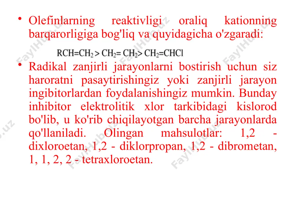 shda ilk monomerlar: tetraftoretilen, uni polimerlab ftoroplast–4 yoki teflon nomi bilan ma’lum bo‘lgan politetraftor etilen olinadi: uchftorxloretilen, uni polimerlab ftoroplast-3 deb nomlanuvchi poliuchftorxloretilen olinadi: polimerlar, odatda, emulsion usul bilan suvda kaliy persulfat yoki vodorod peroksid initsiatorlari ishtirokida olinadi. ftoroplast–4 xira oq material bo‘lib, mumsimon yuzaga ega. o‘zining tanho sifatlari: hech bir polimerda mavjud bo‘lmagan yuqori dielektrik xossalari, yuqori kimyoviy chidamlilik va yuqori (300ºc gacha) hamda quyi (–250ºc gacha) haroratlarda ish qobiliyatlarini saqlab qolishi turli-tuman qo‘llanishlarga olib keladi; ftoroplast–4 ni ijobiy xususiyatlariga o‘ta quyi ishqalanish koeffitsientiga ega ekanligi, ayniqsa, po‘lat yuzada. bu ftoroplast–4 ni moylash talab qilinmaydigan podshipnik vkladishlarini tayyorlash imkoniyatini beradi. ftoroplast–4 ni o‘ta jiddiy kamchiligi sifatida yuk ta’sirida, hattoki odatdagi haroratda (sovuqda oquvchanlik) ko‘tarilib ketgan plastiklikni hamda uni qayta ishlash qiyinligini ko‘rsatish mumkin. ftoroplast–3 ftoroplast–4 ga nisbatan kimyoviy chidamliligi bilan, yuqori va past haroratda ish qobiliyati bilan bir qancha past keladi. biroq ftoroplast–3 ayrim afzalliklarga ham ega, ulardan eng …