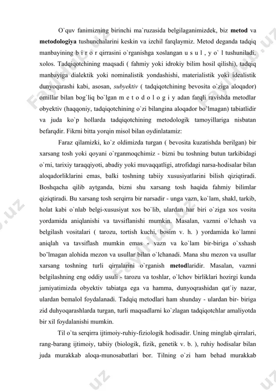 iyatimizda obyektiv tabiatga ega va hamma, dunyoqrashidan qat`iy nazar, ulardan bemalol foydalanadi. tadqiq metodlari ham shunday - ulardan bir- biriga zid duhyoqarashlarda turgan, turli maqsadlarni ko`zlagan tadqiqotchlar amaliyotda bir xil foydalanishi mumkin. til o`ta serqirra ijtimoiy-ruhiy-fiziologik hodisadir. uning minglab qirralari, rang-barang ijtimoiy, tabiiy (biologik, fizik, genetik v. b. ), ruhiy hodisalar bilan juda murakkab aloqa-munosabatlari bor. tilning o`zi ham behad murakkab butunlik bo`lib, uning lisoniy va nutqiy tomonlari, ularning har birining fonetika, leksika, morfologiya, sintaksis, so`z yasalishi, stilistik qo`llanilish kabi tarkibiy qismlari bor. tilshunoslikda ikki tushuncha - a) tilshunoslik bo`limlari (sohalari), b) tilshunoslik yo`nalishlari (maktablari, oqimlari)ning farqlanishi bevosita shu bilan bogliqdir. tilshunoslik bo`limlari (sohalari, qismlari - ruscha - разделы, отрасли языкознания) deganda tilning qurilish (struktur) birliklari va ularning o`zaro munosabatlarini o`rganuvchi, tilshunoslik tarkibiga kiruvchi a) fonetika (fonologiya), b) morfologiya (morfemika), d) leksikologiya (semasiologiya, leksikografiya), e) frazeologiya (paremiologiya), f) sintaksis, g) so`z yasalishi (derivatsiya), h) stilistika (uslubiyat, uslubshunoslik, lingvopoetika) kabi nisbatan …