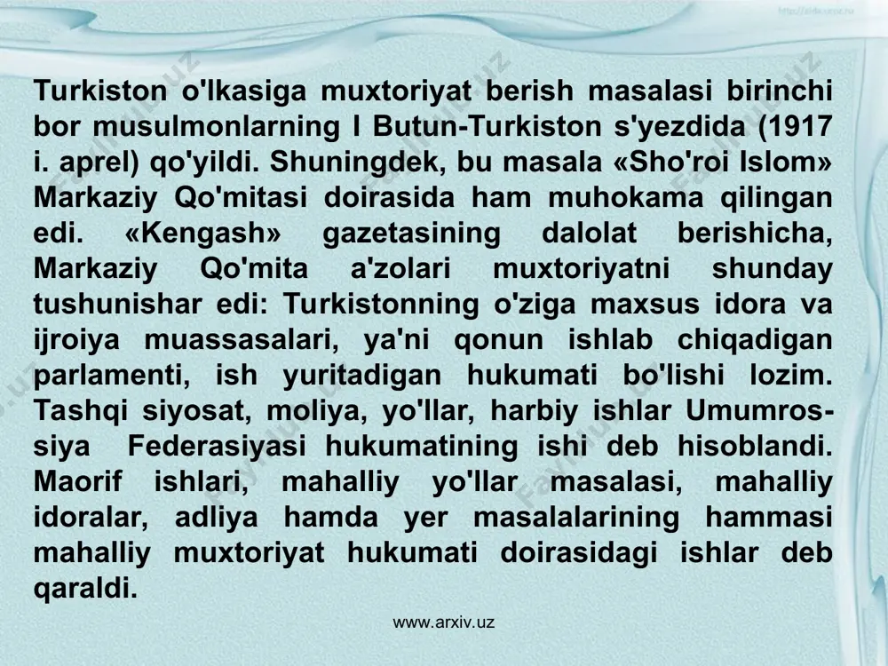 ntilishlari bo'ldi. turkistonning ilg'or jadid ziyolilari va qadimgilari orasidagi ziddiyatlar milliy ozodlik kuchlari safida parchalanishga olib keldi. tashkiliy jihatdan bu xol 1917 yil iyun oyining o'rtalarida «sho'roi islom» tashkilotidan ajralib chiqib, «sho'roi ulamo» jamiyati tuzilishida ifoda­landi. «sho'roi ulamo» jamiyati a'zolari ruhoniyat tarafdorlari bo'lib maydonga chiqdilar. ular o'z g'oyalarini targ'ibot qilish uchun «al-izoh» jurnalini chiqara boshladilar. jurnal noshiri va muharriri abdumalik hoji nabiyev bo'lib, uning birinchi soni 1917 yil 19 iyunda chiqqan edi. jurnal sahifalarida asosan diniy masalalarga ko'proq, e'tibor berilib, ahloq, madaniyat, ijtimoiy hayot ruhoniyat nuqtai nazaridan targ'ibot qilindi. www.arxiv.uz www.arxiv.uz 1917 yil kuzida davom etayotgan imperialistik urush natijasida mamlakatda ocharchilik, ishsizlik avj oldi, iqtisodning tanazzuli yanada chuqur­lashdi. bu esa o'z navbatida mehnatkash ommaning noroziligini kuchaytirdi hamda markaz va joylarda hokimiyatning inqiroziga olib keldi. bunday vaziyatdan foydalangan toshkent ishchi va soldat deputatlari soveti (tashsovet)ga kirgan bolsheviklar «butun hokimiyat sovetlarga» degan shiorni ko'tarib chiqdilar va tezda inqilobiy qo'mita tashkil qilishni taklif …