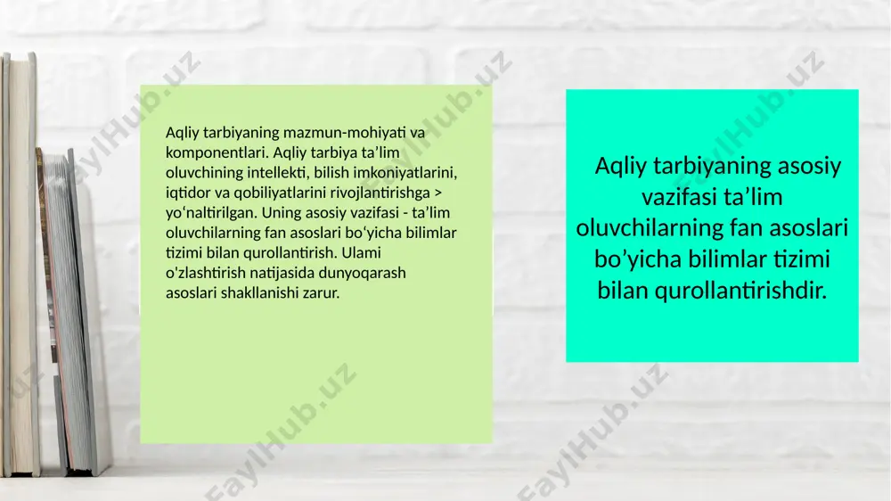 iyatida mustaqil fikr yuritish ko‘nikmasini berish; aqliy tarbiyaning shakllari va usullari: dars orqali tarbiya: mantiqiy savol-javoblar, muammoli vazifalar orqali fikr yuritishga o‘rgatish. kitobxonlik orqali: badiiy va ilmiy adabiyotlar bilan tanishtirish. intellektual o‘yinlar: shaxmat, boshqotirma, viktorinalar, debatlar. mustaqil izlanish: referatlar, loyiha ishlari, kuzatuvlar, tajribalar. aqliy tarbiyada o‘qituvchining roli: savol berishga, fikr bildirishga, o‘z nuqtai nazarini asoslashga undovchi sharoit yaratadi; har bir o‘quvchining aqliy qobiliyatini hisobga olib yondashadi; o‘quvchini rag‘batlantiradi, muvaffaqiyatini e’tirof etadi; tanqidiy fikr yuritishga, muammoga yechim topishga o‘rgatadi. maktab ta'limida aqliy tarbiya dars jarayonida, mashg‘ulotlar davomida, o‘quvchilarga beriladigan topshiriq va savollar orqali amalga oshiriladi. ayniqsa, ona tili, matematika, tabiiy fanlar va mantiqiy fikrlashni talab qiluvchi mashg‘ulotlar bu borada katta ahamiyatga ega. o‘qituvchi o‘quvchilarning faolligini oshirish, ularni erkin fikrlashga undash, savol-javoblar orqali fikr almashishni tashkil etish orqali aqliy tarbiyani kuchaytiradi. aqliy tarbiya bolalarni mustaqil hayotga tayyorlaydi. ular shaxs sifatida fikr bildirishni, turli vaziyatlarda to‘g‘ri qaror chiqarishni, o‘z bilim va aqliga suyanishni …