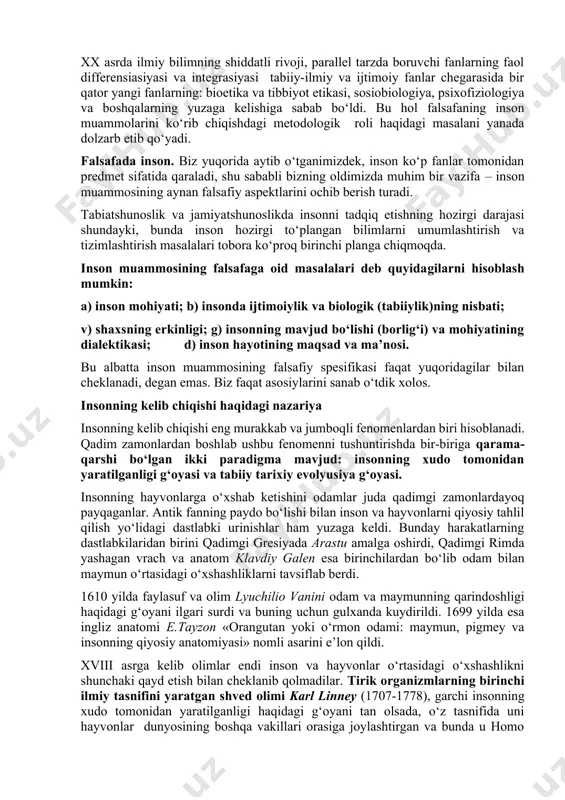 tabiiy fanlar orasida an’anaviy (biologiya, antropologiya, medisina va boshqalar) bilan bir qatorda nisbatan yangi fanlar (oliy nerv tizimi faoliyati fiziologiyasi, somatologiya, seksologiya va hokazo) paydo bo‘ldi. ijtimoiy bilim sohasida ham «eski» fanlar (psixologiya, sotsiologiya, tilshunoslik, etika) qatorida «yangi» fanlar (aksiologiya, germenevtika) kabilar faoliyat ko‘rsatishadi. xx asrda ilmiy bilimning shiddatli rivoji, parallel tarzda boruvchi fanlarning faol differensiasiyasi va integrasiyasi tabiiy-ilmiy va ijtimoiy fanlar chegarasida bir qator yangi fanlarning: bioetika va tibbiyot etikasi, sosiobiologiya, psixofiziologiya va boshqalarning yuzaga kelishiga sabab bo‘ldi. bu hol falsafaning inson muammolarini ko‘rib chiqishdagi metodologik roli haqidagi masalani yanada dolzarb etib qo‘yadi. falsafada inson. biz yuqorida aytib o‘tganimizdek, inson ko‘p fanlar tomonidan predmet sifatida qaraladi, shu sababli bizning oldimizda muhim bir vazifa – inson muammosining aynan falsafiy aspektlarini ochib berish turadi. tabiatshunoslik va jamiyatshunoslikda insonni tadqiq etishning hozirgi darajasi shundayki, bunda inson hozirgi to‘plangan bilimlarni umumlashtirish va tizimlashtirish masalalari tobora ko‘proq birinchi planga chiqmoqda. inson muammosining falsafaga oid …