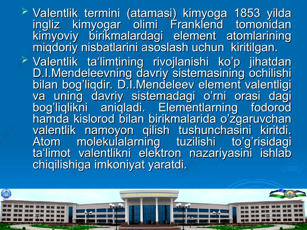 elementlar uchun yuqori valentlik stexilmetriyasi bu elementlarning d. s. dagi o’rnidan kelib chiqadi. ionlarning zaryadlari. ionlar na + ca2 + al3 + f- naf caf2 alf3 o2- na2o cao al2o3 n3 na3n ca3n2 aln no3 nano3 ca(no3)2 al(no3)2 so42- na2so4 caso4 al2(so4)2 po43- na3po4 ca3(po4)2 alpo4 qadimgi adabiyotlarda ionlarning zaryadlari ionli valentlik deb atalgan. bir valentli ionlar zaryadi bilan neytral atomlarning valent elektronlari orasida to’g’ridan-to’g’ri bog’lanish mavjud. ionlarning musbat zaryadi bitta element atomidan berilgan elektronlar soniga teng bo’ladi. manfiy zaryad esa bitta element atomi tomonidan qabul qilingan elektronlar soniga teng bo’ladi. masalan: na+, ca2+, al3+ ionlari o’z navbutida 1, 2, 3, ye ni yo’qotgani f-, o2-, na3-, ionlari esa 1, 2, 3, ye qabul qilgan hisoblanadi. oksidlanish darajasi. so2, nh3, h2so4, co2, hno3, h2co3 va x.k. molekulyar hamda na2o : na2so ionlari oddiy va kompleks birikmalarning tarkibini aniqlash uchun elementlarning oksidlanish darajalari degan tushuncha kiritilgan. elementlarning oksidlanish darajalari bu birikmalarda …