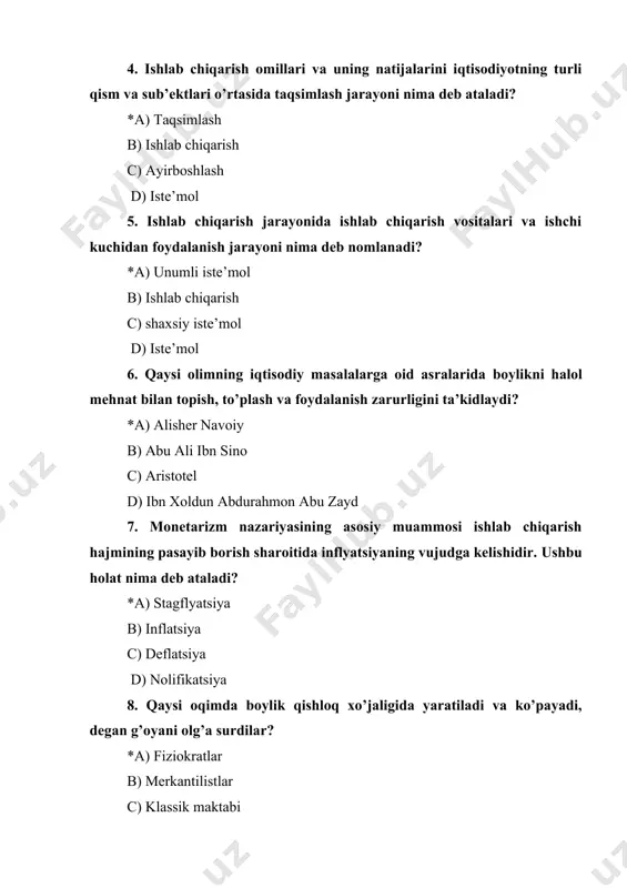 stagflyatsiya b) inflatsiya c) deflatsiya d) nolifikatsiya 8. qaysi oqimda boylik qishloq xo’jaligida yaratiladi va ko’payadi, degan g’oyani olg’a surdilar? *a) fiziokratlar b) merkantilistlar c) klassik maktabi d) marjinalizm 9. ma’lum vaqt oralig’ida, narxlarning mavjud darajasida iste’molchilarning tovar va xizmatlar ma’lum turlarini sotib olishga qodir bo’lgan ehtiyoji nima deb ataladi? *a) talab b) taklif c) talab qonuni d) taklif qonuni 10. tovar narxi va sotib olinadigan tovar miqdori o’zgarishi o’rtasida bo’ladigan teskari yoki qarama-qarshi bog’liqlik nima deb ataladi? *a) talab qonuni b) taklif c) talab d) taklif qonuni 11. ayrim tovar narxining o’sishi bilan unga bo’lgan talab miqdorining yanada ortishi holati nima deb ataladi? *a) giffen samarasi b) laffer egri chizig’i c) engel qonuni d) fillips egri chizig’i 12. ayrim tovar narxining o’sishi bilan unga bo’lgan talab miqdorining yanada ortishi holati nima deb ataladi? *a) giffen samarasi b) laffer egri chizig’i c) engel qonuni d) fillips egri chizig’i 13. iste’molchi …
