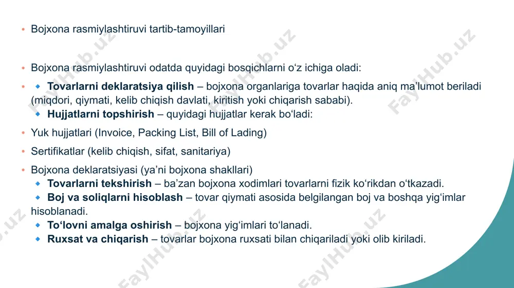 ulotlari uchun sog‘liqni saqlash va xavfsizlik sertifikatlari talab qilinadi. ba'zan, maxsus inspeksiya va sanitariya nazorati talab qilinadi. to‘g‘ridan-to‘g‘ri bojxona rasmiylashtiruvi: tovarlar giyohvand moddalarga yoki toksik elementlarga ega bo‘lmasligi uchun bojxona va sog‘liqni saqlash idoralari tomonidan tekshiruvlar o‘tkazilishi mumkin. import/eksport cheklovlari: ba'zi mamlakatlar oziq-ovqat va qishloq xo‘jaligi mahsulotlariga import yoki eksportni cheklashga ruxsat berishi mumkin. 2. kimyoviy va sanoat mahsulotlari sertifikatlar va ruxsatnomalar: kimyoviy moddalar uchun xavfsizlik sertifikatlari, shuningdek, maxsus ruxsatnomalar talab qilinadi. masalan, ba'zi kimyoviy moddalar maxsus boshqaruvga o‘tkazilishi kerak. tashish shartlari: kimyoviy mahsulotlar odatda xavfli yuk sifatida belgilanadi, shuning uchun maxsus transport va saqlash shartlari, shuningdek xavfli moddalar bo‘yicha hujjatlar talab qilinadi. 3. farmatsevtika va tibbiyot mahsulotlari farmatsevtika sertifikatlari: tibbiyot mahsulotlari uchun har doim farmatsevtika sertifikatlari yoki dori-darmon sertifikatlari talab qilinadi. tibbiy ruxsatnomalar: maxsus ruxsatnoma va sertifikatlar, shuningdek, yetkazib beruvchi va qabul qiluvchi mamlakatlar tomonidan tasdiqlangan hujjatlar zarur bo‘lishi mumkin. sinov va sifat nazorati: tibbiy mahsulotlar bojxona orqali o‘tayotganda, …