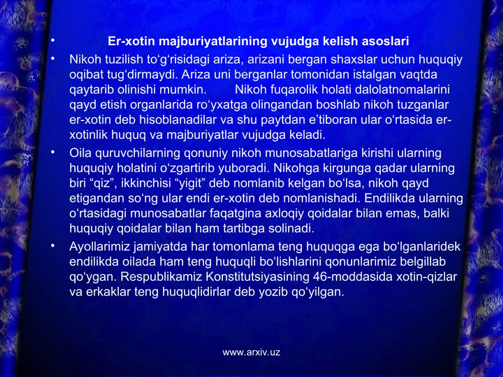 .uz www.arxiv.uz www.arxiv.uz www.arxiv.uz www.arxiv.uz www.arxiv.uz nikoh shartnomasi taraflari nikohga kiriuvchilar va nikohdagi er va xotindan iborat bo‘lishi mumkin. bu shartnoma er-xotin o‘rtasida vujudga kelishi mumkin bo‘lgan nizolarni sud amaliyotida to‘g‘ri hal qilishga yordam beradi. o‘zbekiston respublikasi oila kodeksining 30 moddasiga binoan nikoh shartnomasi nikoh davlat ro‘yxatiga olinguniga qadar ham, shuningdek nikoh davrida ham tuzilishi mumkin. nikoh davlat ro‘yxatiga olinguniga qadar tuzilgan nikoh shartnomasi nikoh davlat ro‘yxatiga olingan kundan boshlab kuchga kiradi. www.arxiv.uz www.arxiv.uz nikoh shartnomasi yozma shaklda tuziladi va notarial tartibda tasdiqlanishi lozim. nikox shartnomasini tuzish ixtiyoriy. bu to‘g‘risida, o‘zbekiston respublikasi fuqarolik kodeksining 354 moddasida “fuqarolar va yuridik shaxslar shartnoma tuzishda erkindirlar. shartnomaning shartlari taraflarning xohishi bilan belgilanadi, tegishli shartning mazmuni qonun hujjatlarda ko‘rsatib qo‘ylgan hollar bundan mustasno” deb yozilgan. nikoh shartnomasi o‘z mazmuniga qo‘yidagilarni kiritadi. er va xotin nikoh shartnomasiga ko‘ra birgalikdagi umumkiy mulkining qonunda belgilangan tartibini o‘zgartirishga, er va xotinning barcha mol-mulkiga, unig ayrim turlariga yoxud er …