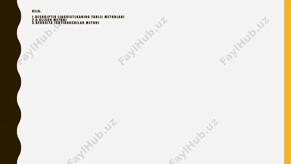 nadi. deskriptivchilarning ta' kidlashlaricha, segmentatsiya, substitutsiya, distributiv tahlil tilning har qanday aspektini tadqiq etishda qo'llanilishi mumkin. bevosita ishtirokchilarga ajratish asosidagi tahlil esa faqat morfologiya va sintaksis doirasida qo'llaniladi. til tuzilishini ifoda va ma'no, ya'ni shakl va mazmun tuzilishi munosabatidan tashkil topgan butunlik sifatida e'tirof etuvchi deskriptivchilar ko'proq shakliy tuzilish birliklarini o'rganishga e'tibor qaratadilar. g. glisonning bayon qilishicha, tilning mazmuniy sistemasini o'rganish shakliy sistemani o'rganishga nisbatan birmuncha sekin amalga oshirildi va kam natijaga erishildi. shu kungacha mazmuniy tuzilishni o'rganish ilmiy asosda yo'lga qo'yilgan deb aytib bo'lmaydi. deskriptivchilarning tilning ifoda tomonini o'rganishdagi xatosi shunda bo'ladiki, mazmuniy tuzilish bilan shakliy tuzilish o'rtasidagi aloqani tushunmadi va shakliy tuzilishni o'rganayotganda mazmuniy tuzilishni e'tiborga olmadi. afsuski, mazmuniy tuzilishga faqat shakliy tuzilish orqali yondashish mumkin. mazmuniy tuzilishdan farqii ravishda, shakliy tuzilish bevosita sezgi a'zolarimizga beriladi va uni oson o'rganish mumkin. shuning uchun akustik va artikulatsion fonetikada tovushni o'rganishda yuqori darajadagi aniqlikka erishildi. g .glison ifoda planini qismlarga …