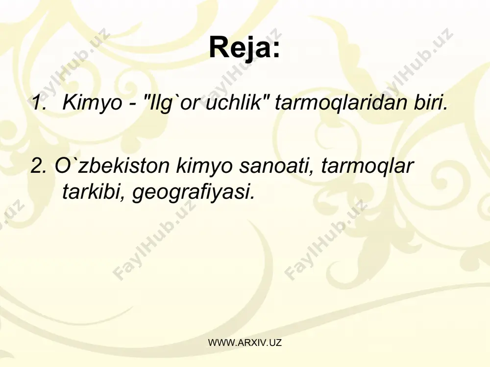 l o`g`itlar - o`zbekiston kimyo sanoatining asosiy mahsulotidir. tarmoq korxonalarida respublika qishloq xo`jaligi uchun zarur bo`lgan ammofos, ammiak silitrasi, superfosfat, karbamid, suyultirilgan ammiak ishlab chiqariladi. chunonchi, chirchiq elektrokimyo kombinati, farg`ona azotli o`g`itlar, navoiy kimyo birlashmalarida - azotli o`g`itlar, qo`qon superfosfat zavodi, samarqand kimyo zavodi, olmaliq "ammofos" birlashmasida - ammofos, oddiy va ammoniylashgan superfosfat, quruq ammoniy kabi fosforli o`g`itlar ishlab chiqariladi. www.arxiv.uz www.arxiv.uz respublika kimyo sanoati korxonalari bir yilda 2,8 mln. t. azotli, 1,2-1,3 mln. t. fosforli o`g`itlar ishlab chiqarish quvvatiga ega. mamlakat o`zining mineral o`g`itlarga bo`lgan ehtiyojini to`la qondiradi va ma`lum qism (o`rtacha yiliga 26-30 mln. aqsh dollariga teng miqdorda) o`g`itni chetga eksport qiladi. biroq, o`zbekistonda kaliyli o`g`it ishlab chiqarilmaydi. shuning uchun qashqadaryo viloyatidagi kaliy tuzlari negizida tubagatan kaliy zavodi qurilmoqda. www.arxiv.uz www.arxiv.uz sulfat kislota - kimyo sanoati tarmoqlari uchun muhim xom ashyodir. respublikada sulfat kislota olmaliq "ammofos" birlashmasi, samarqand kimyo zavodi, navoiy kon-metallurgiya kombinati, muborak gazni qayta ishlash majmuasida …