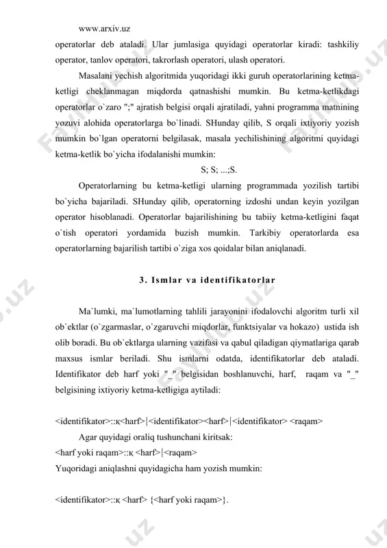 tipdagi qiymatlarni o`zlashtirishga urinish programmaning xatoligini tahminlaydi. o`zgaruvchi - bu identifikatordir. uning ismi o`zgaruvchining qiymatiga murojaat qilishda ishlatiladi. boshqacha aytganda, programma matnidagi ism, shu o`zgaruvchining qiymatini ifodalaydi. 6. funktsiyalar va protseduralar o`rta maktab kursidan funktsiya tushunchasi bizga yaxshi ma`lum. algoritmik tillarda, faqat qiymatini hisoblash algoritmlari ma`lum bo`lgangina funktsiyalar ishlatiladi. programma tuzuvchi programma uchun lozim bo`lgan keraklicha funktsiyalarni o`z programmasiga kiritishi mumkin. xuddi funktsiyalar kabi hal qilinayotgan masalaning ma`lum bir tugallangan bosqichlarini hisoblash vazifasini protseduralar zimmasiga yuklasa ham bo`ladi. fukntsiyani hisoblash natijasida faqat, yagona natijaviy qiymatga erishiladi, protseduradan foydalanganda esa, natijaviy qiymatlar soni yetarlicha ko`p bo`lishi mumkin. programmada aniqlangan funktsiya va protseduralar o`zgaruvchilarning ehloni bo`limida ehlon qilinib qo`yilishi kerak. bunda har bir funktsiya va protseduraga, ularning bajaradigan vazifasiga mos ismlar berib qo`yiladi. ularni aniqlashda formal parametrlardan foydalaniladi. o`z navbatida, bu parametrlarning tiplari funktsiya va protseduraning ichida aniqlanilib, ehlon qilinadi. programmada aniqlangan funktsiya va protseduralardan foydalanish uchun programma matnida ularning ismlari va …