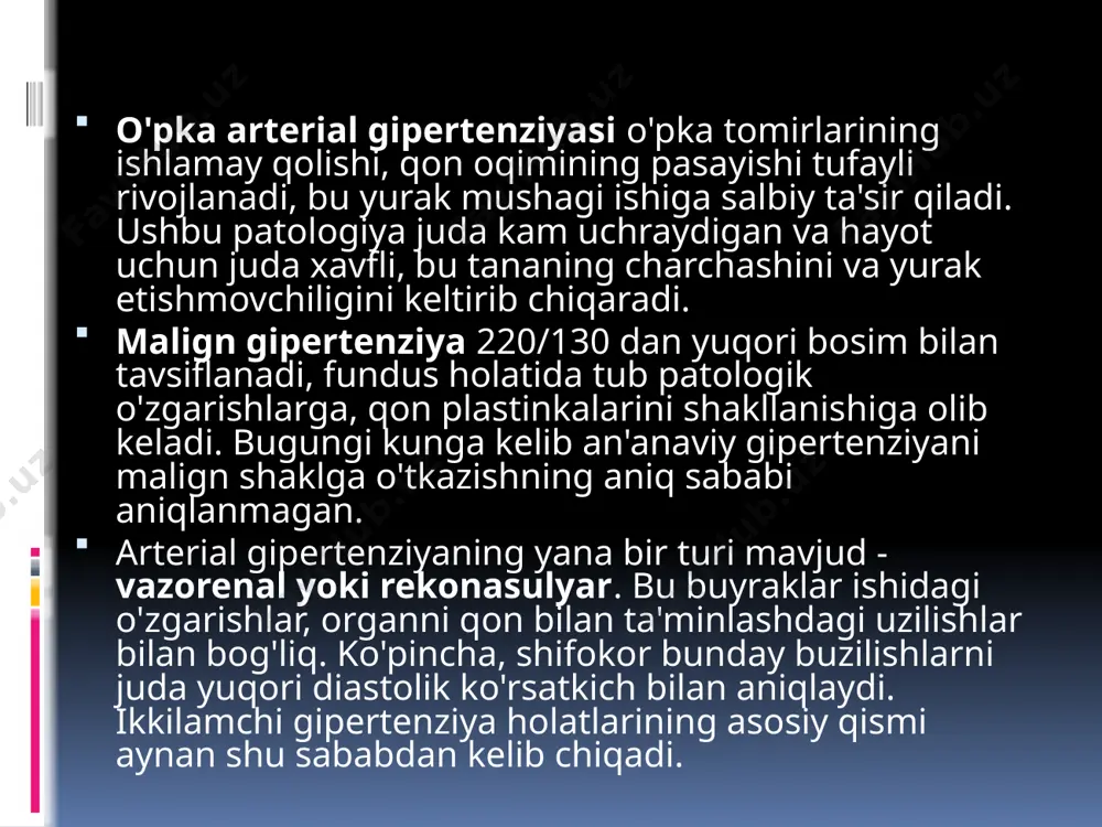 larining o’zgarishi; gipotenziv dorilarni qabul qilish rejimiga rioya qilmaslik (gipertonik bemorlarda); kechalari uxlamaslik; ba’zi dori-darmonlarni dozasini oshirib yuborish (adrenomimetik, erlik quvvatini kuchaytirish uchun preparatlar). gipertenziya bilan og’rigan bemorlarga yordam ko’rsatish tamoyillari gipertonik krizda tez yordam gipertonik krizni bartaraf etishda qb ni asta sekin kamida bir soat davomida tushurish zarur. sistolik qb ni dastlabki ko’rsatgichdan tahminan 25% ga, diaostalik bosimni esa 10% gacha pasaytirish tavsiya etiladi. nifedipin (korinfar 10-20 mg , formadipin 3-5 tomchi) tilostiga yoki kaptopril (kapoten) 25-50 mg chaynab shimiladi. 1 soat davomida ushbu dori samara bermasa klofelin 0,075 mg til ostiga qabul qilinadi. laziks (furosemid) 40-80 mg vena ichiga yoki mushak orasiga yuboriladi. gipertonik kriz otkir koronar sindromi bilan kechsa (yurakda va tosh ortida ogriq) quyidagi dori vositalar qollaniladi: nitrogiltserin 0,5 mg til ostiga yoki aerosol korinishida qo`llaniladi, yordam bermasa izoket yoki perlinganit 10 ml-100 ml izotonik eritmada tomir ichiga tomchilab yuboriladi. miyada qon aylanishining o’tkir buzilishi belgilari …