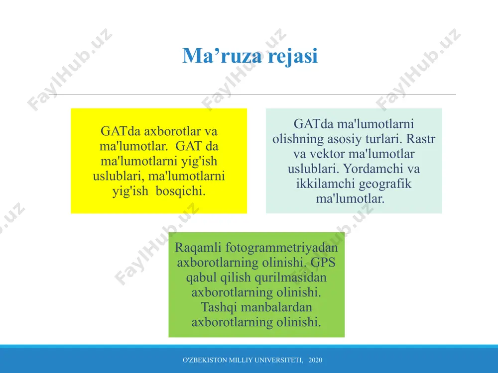 ga egaligi haqida fikr yuritilsa, u holda boshqacha tasavvur xosil bo‘ladi. shu bilan birgalikda, «geografik axborotlar tizimi, ya’ni gat - geoaxborotlar tizimi» tushunchasi odatdagi xaritalar bilan chambarchas aloqadorlikka ega hisoblanadi. gat tahlil jarayonida turli xil ob’ektlarning makonda joylashish holati bilan bog‘liq masalalar ro‘yxati gis - geographic information system rus tilidagi mavjud adabiyot manbalarida qabul qilingan zamonaviy tushunchalarga muvofiq, geografik axborotlar tizimi (gat) yoki (gis - geograficheskaya informatsionnaya sistema; gis - geographic information system) - bu hududiy rejalashtirish va boshqarish masalalarini hal qilish uchun, ma’lumotlarni kiritish, saqlash, qayta ishlash, matematik modellashtirish va geografik nuqtai nazardan integratsion tasavvurlarni xosil qilishni va atribut ma’lumotlar bilan muvofiqlikni amalga oshirishni ta’minlovchi texnik, dasturiy va axborotlarga oid vositalarning umumiy yig‘indisi hisoblanadi geoaxborot texnologiyalari - geoaxborot texnologiyalari - zamonaviy axborot texnologiyalarining jadal rivojlanayotgan yo‘nalishlaridan biri hisoblanadi. shu sababli, ushbu bilimlar sohasida umumiy qabul qilingan atamalarning mavjudligi haqida hali yakuniy fikr bildirish mumkin emas. nisbatan hali yosh bo‘lgan …
