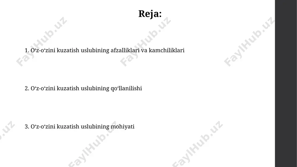 shahridagi psixologiya instituti tomonidan tavsiya etilgan asosiy komponentlarga ajratilishi mumkin. o'z-o'zini kuzatish natijalarini ishonchliligini baholashda, psixometrik ko'rsatkichlar, masalan, cronbach alfa koeffitsiyenti (0.7 dan yuqori) va ishonchlilik oralig'i (95% ishonch darajasi bilan) hisobga olinishi kerak. o'z-o'zini kuzatish va boshqa psixologik usullar bilan integratsiya aqshning harvard universitetida o'tkazilgan meta-tahlil, 5 dan ortiq turdagi psixoterapevtik yondashuvlar orasida, o'z-o'zini kuzatishning depressiya va xavotirlik kasalliklarini davolashda samaradorligini yuqori darajada oshirish imkoniyatini ko'rsatdi. o'z-o'zini kuzatish usuli, masalan, kundalik yozuvlar orqali, 20 dan ortiq ishtirokchi bilan o'tkazilgan tadqiqotlarda, tokio universiteti olimlari tomonidan kognitiv terapiya bilan samarali integratsiyalashgan. o'z-o'zini kuzatishda qo'llaniladigan usullar o'z-o'zini kuzatishda kundaliklar yurituvchi usul keng qo'llaniladi, unda 3 dan 7 kungacha bo'lgan davr mobaynida his-tuyg'ular, fikrlar va harakatlarni yozib borish orqali 10 dan ortiq muammoli vaziyatlar aniqlanadi va toshkentda olib borilgan tadqiqotlar buning samaradorligini tasdiqlaydi. introspection, o'z-o'zini kuzatishning muhim usuli hisoblanib, 20 dan ortiq psixologik hodisalarni 5 ta sezgilar orqali tahlil qilishga imkon beradi va …