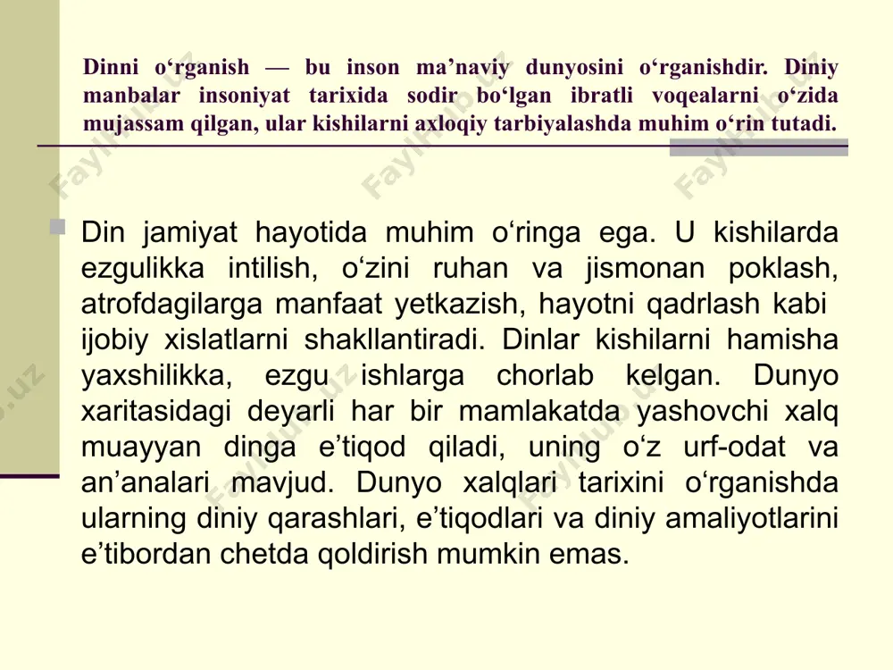 a-da, umumiy nuqtayi nazardan qaraganda u ishonmoq tuyg‘usidir. dunyoda dini, ishonchi bo‘lmagan xalq yo‘q. chunki muayyan xalq dinsiz, e’tiqodsiz, biror-bir narsaga ishonchsiz holda yashay olmaydi. bugungi kunda fanda dinlarning shakllanishi tarixiga oid ikki xil: teologik va materialistik qarashlar mavjud. teologik (ilohiy, diniy) yondashuvga ko‘ra, turli buyumlarga sig‘inish va ko‘pxudolik, jumladan, animizm, totemizm, fetishizm va shomonlik yakkaxudolikdan keyin yuzaga kelgan. jumladan, yahudiylik, xristianlik va islom dinlariga ko‘ra, xudo ilk inson - odamni yaratib, unga o‘zini tanitgan va odam avlodlarini o‘ziga sig‘inishga chaqirgan. vaqt o‘tishi bilan insonlar sof ta’limotdan uzoqlashib, turli butlarga sig‘ina boshlaganlar. teologik yondashuv — dinning paydo bo‘lishi bevosita xudo bilan bog‘liqligini asoslovchi ta’limot. dinlarning kelib chiqishi haqidagi ikkinchi qarash fanda materialistik yondashuv deb nomlanadi. mazkur qarashlarning paydo bo‘lishi antik davrga borib taqaladi - ilk bor qadimgi yunon faylasuflari bu haqdagi o‘z qarashlarini bayon etganlar. unga ko‘ra din bu ijtimoiy hodisa, inson tafakkuri, hissiyotlari mahsulidir. mazkur qarash tarafdorlari fikricha, dinlar …