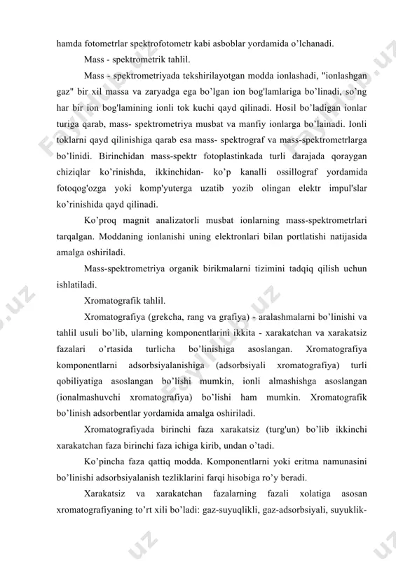 adsorbsiyali. ko’proq ishlatiladigan gazli xromatografiya, yuqori sezgirlikka va tezkor usul. xromatografiya ilmiy laborotoriyalarda va ishlab chiqarishda texnologik jarayonlarni nazorat qilish uchun qo’llaniladi (koorganik gazlarni, metallashi guchuvchi shakllax ooganik bipikmalyapni va x. adabiyotlar: 1. n.n.krupenio.ekalogigikiy monitoring. ucheb.posobi.izd."mashrut", m.2005y 2. uzb.r.da atrof tabiy muxit muxofazasi va tabiy resurslardan foydalanishning xrlati tugrisida milliy ma`ruza.t.2006y.