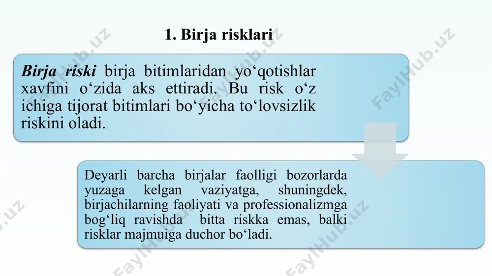 hi: riskni yoqtirmasligi, unga befarq bo‘lishi yoki riskni afzal ko‘rishi mumkin. munosabat mezoni sanaluvchi risk uchun mukofot birjachi ehtiyoji noaniqlik sanaladi. riskni yoqtirmaydigan birjachilar ehtimoliy uchun kompensatsiya talab qilishga har doim moyil bo‘ladi. riskka neytral munosabatda bo‘lganlar mukofotga ham befarq bo‘ladi, riskni afzal ko‘rganlar esa keskin hissiyotlarni boshdan kechirish uchun hatto zarar ko‘rishga tayyor turadi. har bir professional birjachi qaror qabul qilishning o‘ziga xos usullariga ega bo‘lib, shu asosda qanday darajadagi risk o‘zi uchun qoniqarli ekanligi yoki riskdan qanday chetlab o‘tish mumkinligini belgilaydi. birja o‘yinlarida tajribaga ega bo‘lgan professionallar har bir risk omilini oldindan aniqlay olishadi va faqatgina risk uchun mukofot olish imkoniyati mavjud bo‘lgandagina o‘yinga kirishadilar. birja risklari to‘g‘risida qaror qabul qilish natijasida birja savdosi ishtirokchilari kutilmagan yoki riskni oshiruvchi omillarni noto‘g‘ri baholash tufayli zarar ko‘rishi mumkin. shuning uchun risklarni baholashda ekspertlar birinchi navbatda qaror natijasida birja savdosi qatnashchilari uchun yo‘qotishlar ehtimolini ko‘rib chiqishi kerak bo‘ladi. risklarni baholashda kutilmagan …