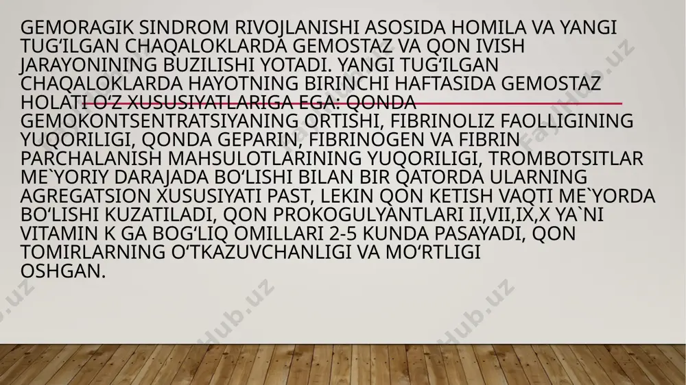 amnestik (chgrk xavf omillari borligi) klinik belgilarni jamlash asosida qo‘yiladi va laborator tekshirishlar ma`lumotlari bilan tasdiqlanadi. chgrk da qonda protrombin darajasi odatda taxminan 10% ni tashkil qiladi va kattalar darajasidan kamroq bo‘ladi. boshqa vitamin k qaram qon ivish omillari pasayishining yuzaga chiqishi o‘zgarib turishi mumkin. fibrinogen va boshqa qon ivish omillarining darajalari, trombotsitlar miqdori odatda me`yordan siljimagan kechki chgrk bu shaklini klinik aniqlash yoki k vitamini tanqisligining rivojlanishi uchun quyidagilar turtki omillar bo‘ladi: bir haftadan ortiq davom qiladigan diareya. • malabsorbsiya bilan o‘t chiqaruvchi yo‘llar atreziyasi.• gepatit va holestatik sariqlikning boshqa turlari. • me`da osti bezining kistofibrozi. • ta`sir doirasi keng antibiotiklardan foydalanish. • alfa-1 antitripsin tanqisligi. • abetalipoproteinemiya. seliakiya. davolash. ona suti bilan ovqatlantirish (yoshga mos ehtiyojlarga ko‘ra). k1 vitaminini vena ichiga (afzalrog‘i) yoki mushaklar orasiga muddatiga yetib tug‘ilgan chaqaloqlarga 1mgdan, muddatiga yetmay tug‘ilgan chaqaloqlarga esa 0,5 mgdan yuborilishi lozim. odatda venaga k vitamin yuborilgandan so‘ng 4 soat davomida …