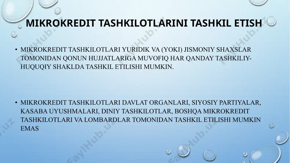 _______________________________________________ (микрокредит ташкилотлари фаолиятини лицензиялаш тартиби тўғрисидаги низом талабларига мувофиқ). «____» ____________ 20___ й. масъул шахснинг фиш ва имзоси _________________________ (имзо) м.ў. /docprops/thumbnail.jpeg mikrokredit tashkiloti mikrokredit tashkiloti mikrokredit tashkilotlarini tashkil etish mikrokredit tashkilotlari yuridik va (yoki) jismoniy shaxslar tomonidan qonun hujjatlariga muvofiq har qanday tashkiliy-huquqiy shaklda tashkil etilishi mumkin. mikrokredit tashkilotlari davlat organlari, siyosiy partiyalar, kasaba uyushmalari, diniy tashkilotlar, boshqa mikrokredit tashkilotlari va lombardlar tomonidan tashkil etilishi mumkin emas mikrokredit tashkilotining ta’sis hujjatlari mikrokreditlar, mikroqarzlar, mikrolizing berish va boshqa mikromoliyaviy xizmatlar ko‘rsatish bo‘yicha faoliyat to‘g‘risidagi; boshqaruv organlarining tuzilishi va vakolatlari to‘g‘risidagi; mikrokreditlar, mikroqarzlar, mikrolizing berish va boshqa mikromoliyaviy xizmatlar ko‘rsatish uchun mablag‘larni shakllantirish manbalari to‘g‘risidagi; mikrokredit tashkilotida audit o‘tkazish tartibi to‘g‘risidagi. mikrokredit tashkilotining ustav fondi mikrokredit tashkilotining ustav fondi pul mablag‘laridan, shuningdek mazkur tashkilot ustav fondi miqdorining yigirma foizidan oshmaydigan boshqa mol-mulkdan shakllantiriladi. mikrokredit tashkilotining ustav fondini shakllantirishda kreditga, garovga olingan mablag‘lardan va boshqa jalb qilingan mablag‘lardan foydalanishga yo‘l qo‘yilmaydi. …